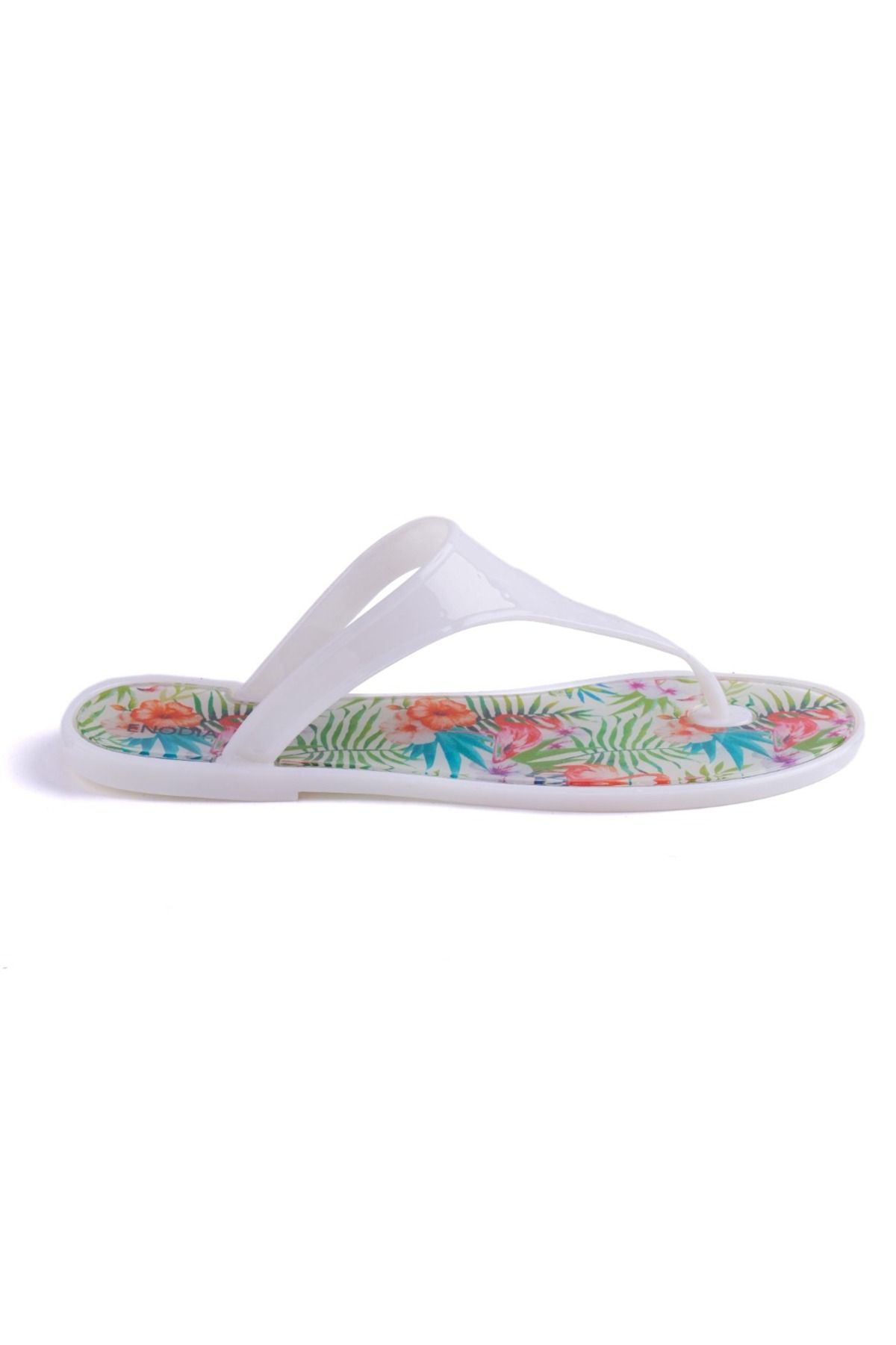 Enodia J-9003-2 PELİKANLI DESENLİ BEYAZ JELLY PARMAK ARASI SANDALET