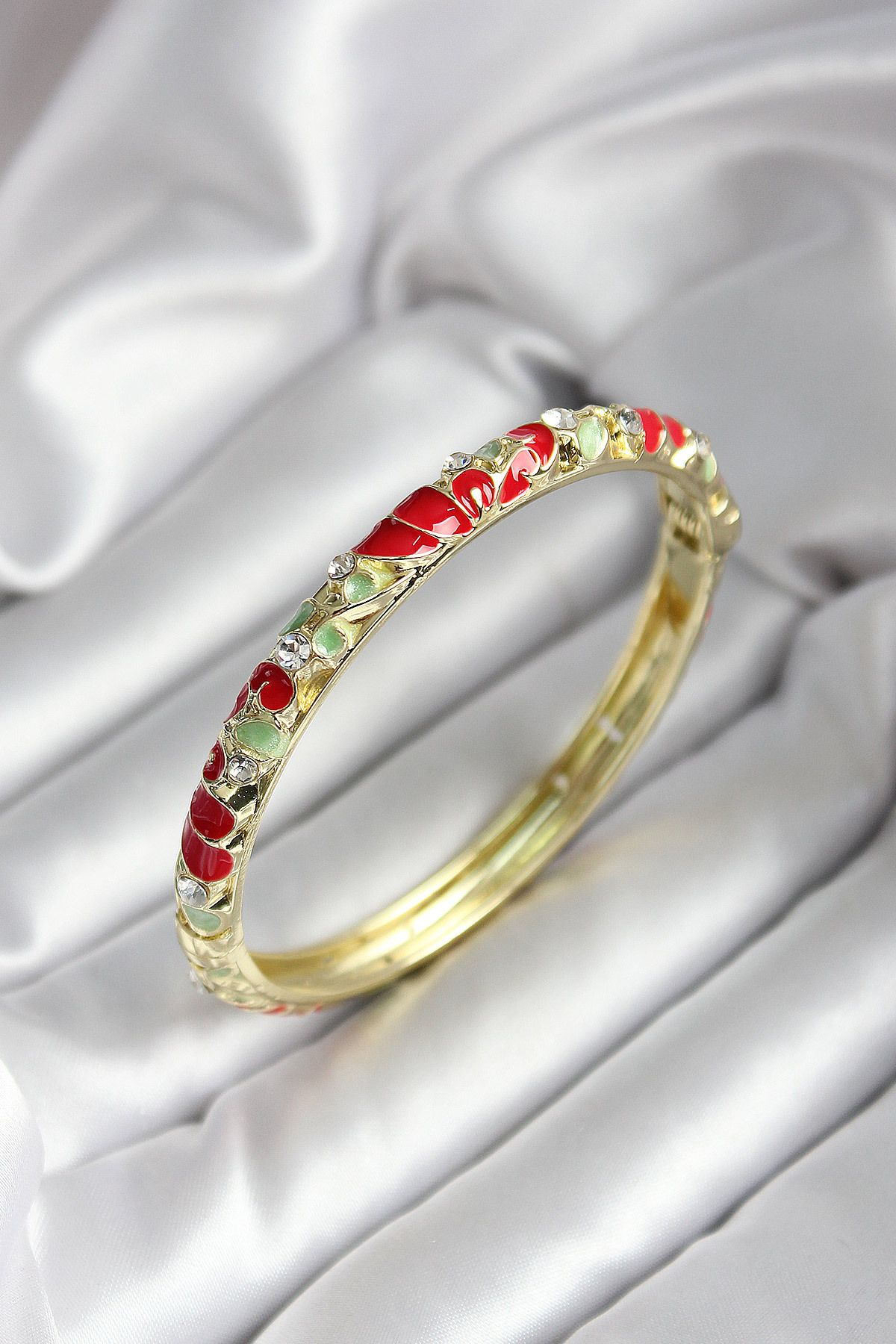 STİLLOVE Mineli Pirinç Kırmızı Çiçek Desenli Gold Renk Kadın Kelepçe SL11972