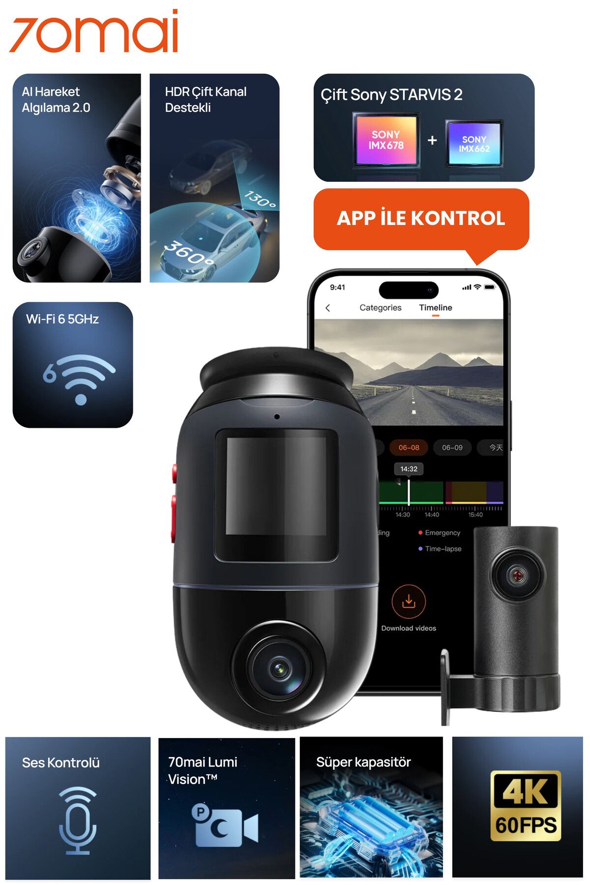 70MAİ 70mai Dash Cam X800 Ön Kamera+RC14 Arka Kamera Siyah (128GB) Uyumlu