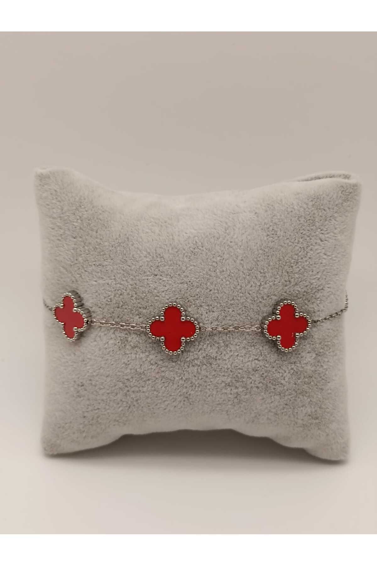 TLSMACCESORIES ÇELİK YONCA BİLEKLİK SILVER-KIRMIZI