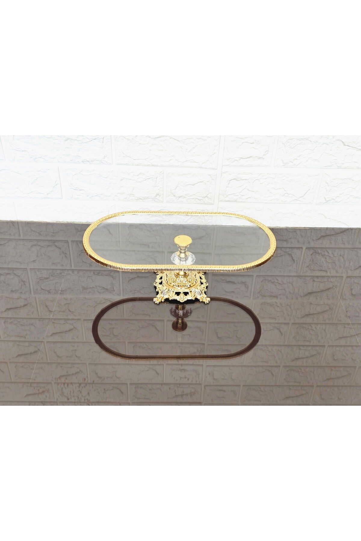 atabey home-Set of 2 Glass Oval Small and Large Boat Presentation with Cast Gold Frame and Legs 3