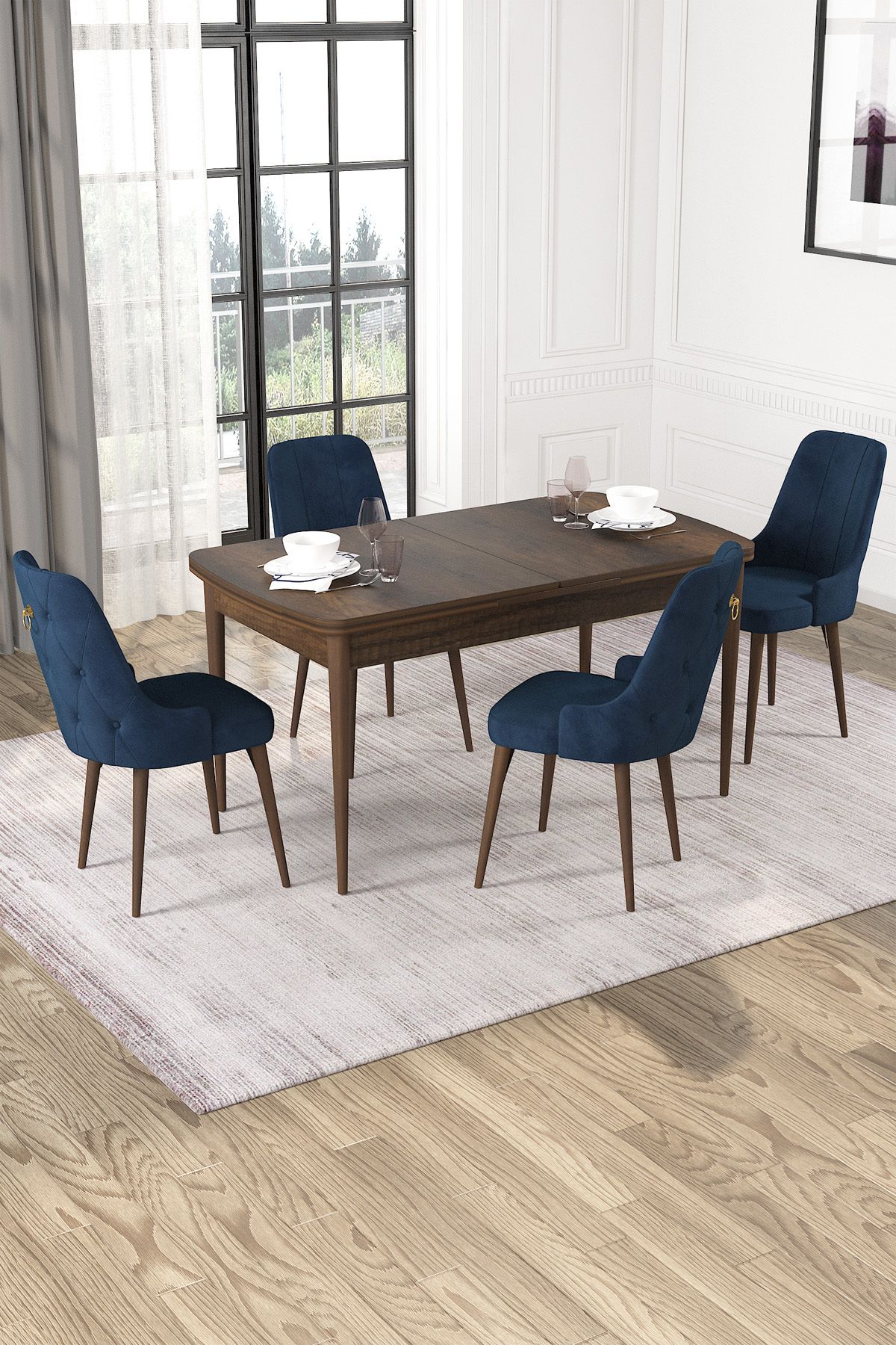 Hira Wessa Serisi 80x132 Açılabilir MDf Barok Ahşap Desen Masa Takımı 4 Lacivert Sandalye