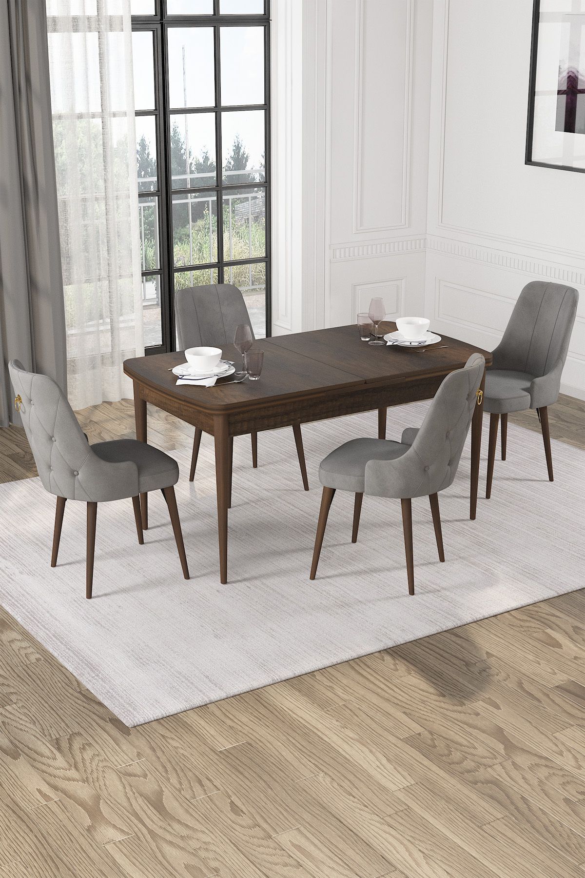 Hira Wessa Serisi 80x132 Açılabilir MDf Barok Ahşap Desen Masa Takımı 4 Gri Sandalye