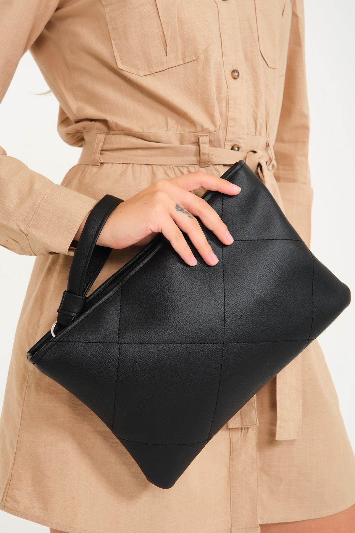 Serero Kadın Astarlı Siyah Deri Clutch Çanta El Çantası Portföy