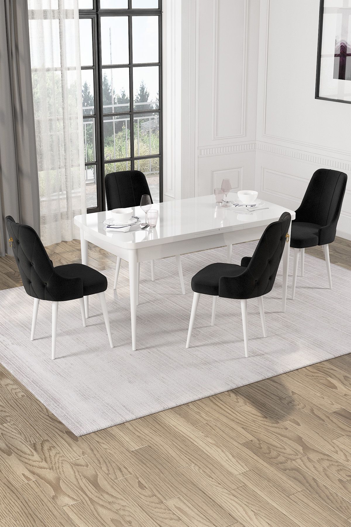 Hira Wessa Serisi 80x132 Açılabilir MDf Beyaz Masa Takımı 4 Siyah Sandalye