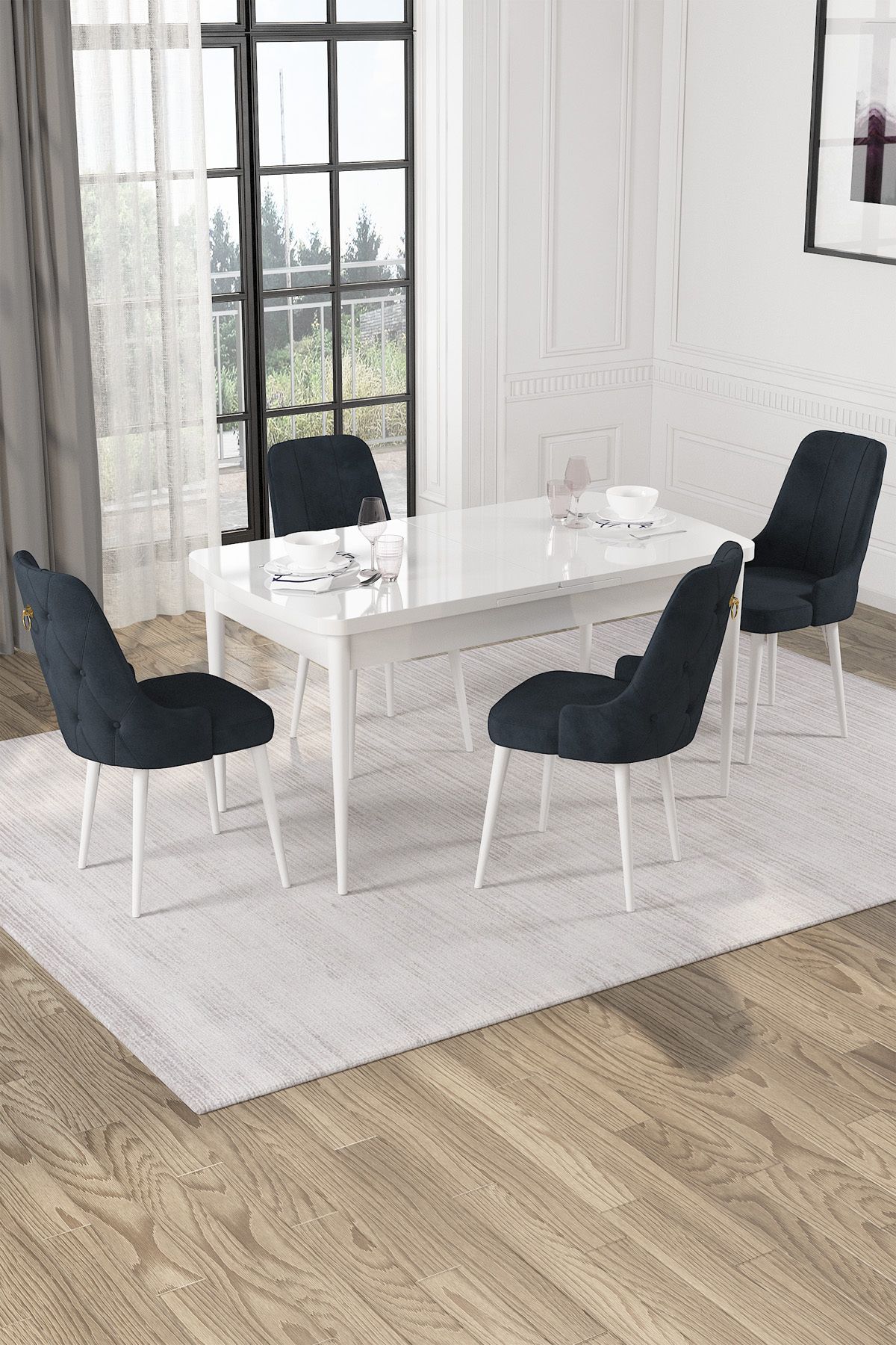 Hira Wessa Serisi 80x132 Açılabilir MDf Beyaz Masa Takımı 4 Antrasit Sandalye