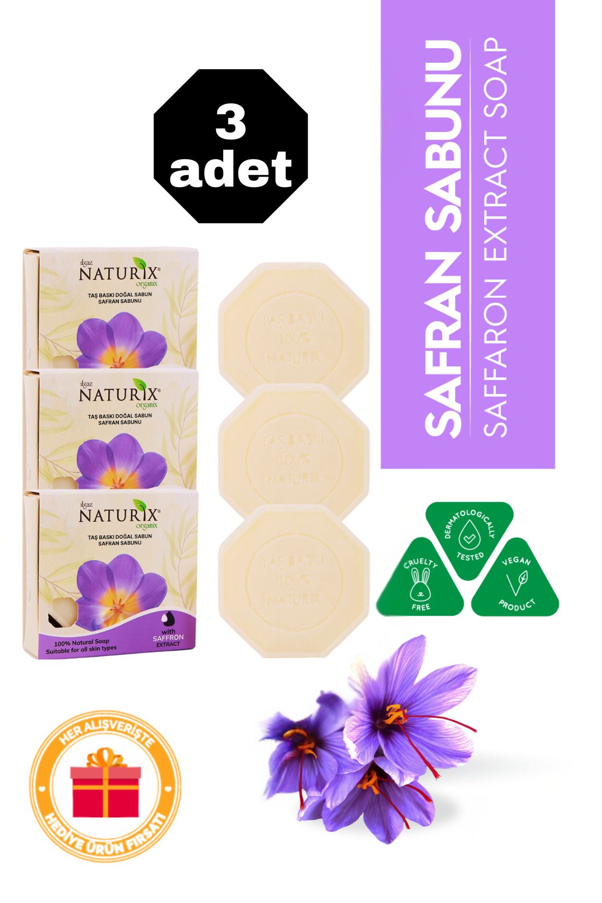 Naturix Safran Özlü Taş Sabun 3'lü Eko Paket Leke Karşıtı ve Nem Dengeleyici Cilt Bakımı - 3x125 gr