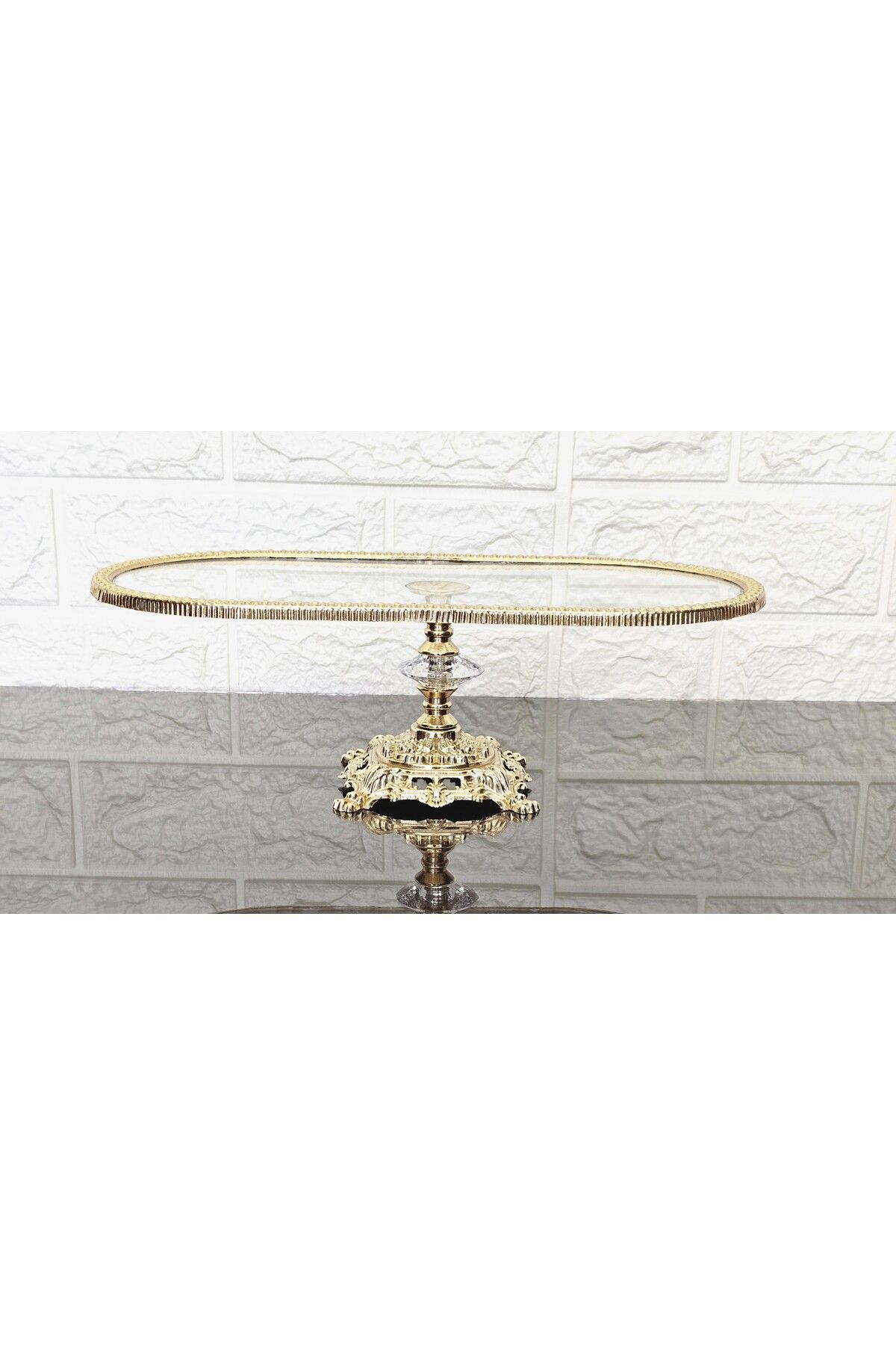 atabey home-Set of 2 Glass Oval Small and Large Boat Presentation with Cast Gold Frame and Legs 7