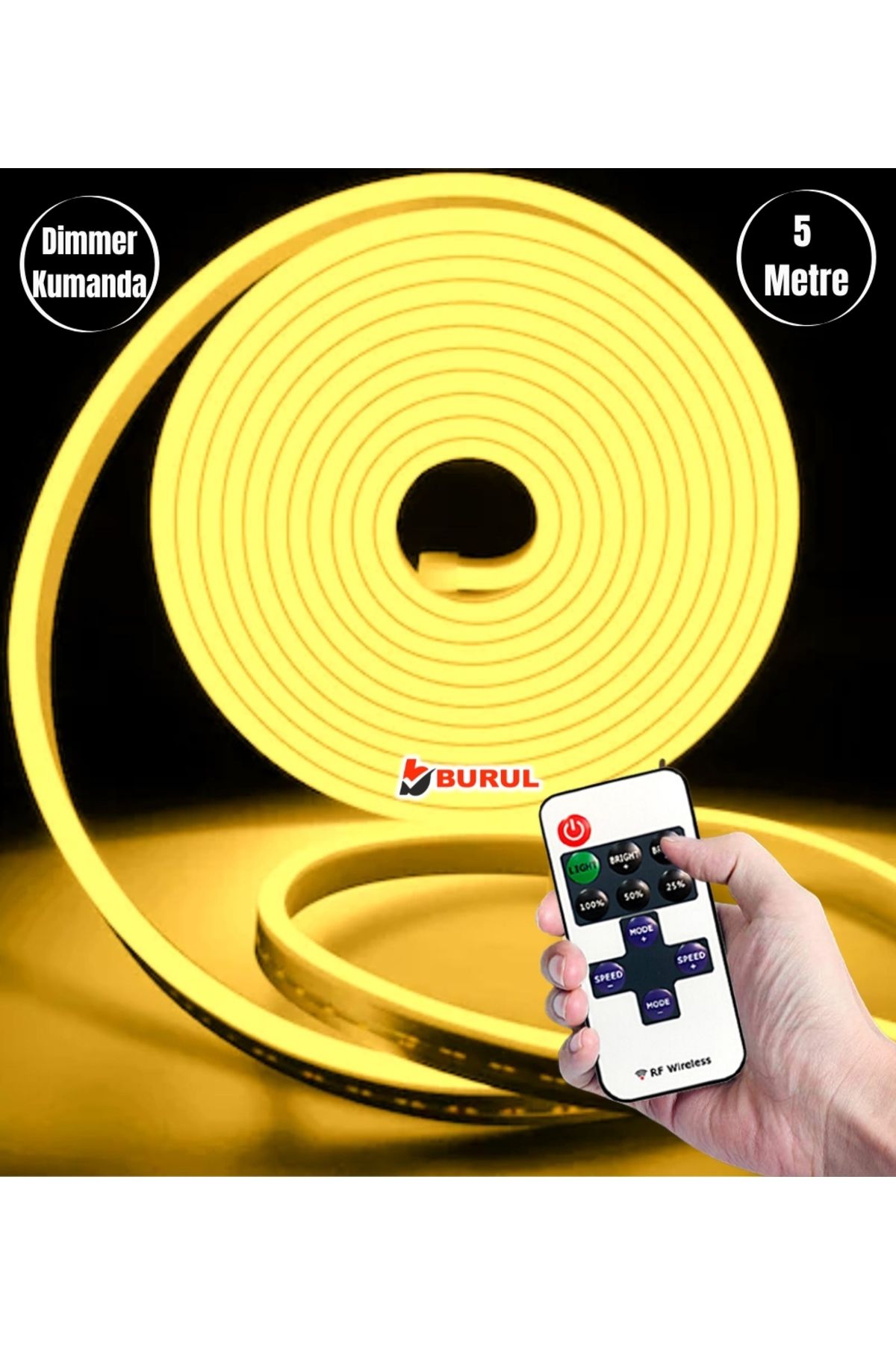 burul SB-6537 5 Metre Sarı Işık Esnek Neon Led Şerit Dimmer Kumandalı Dekoratif Aydınlatma Seti