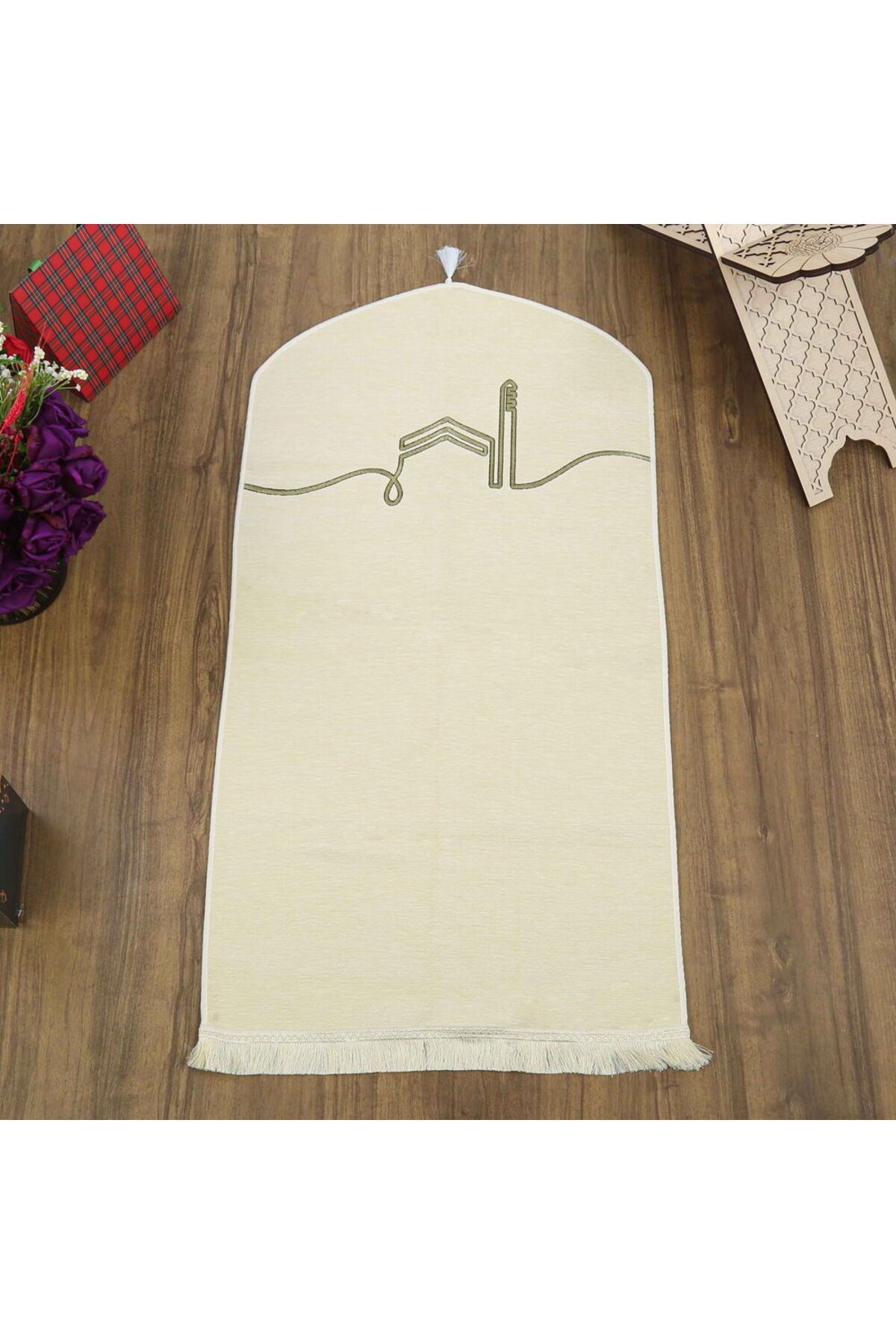 İkranur El Kuba Lüks Astarlı Biyeli Seccade Krem (66X125cm) 565 gr