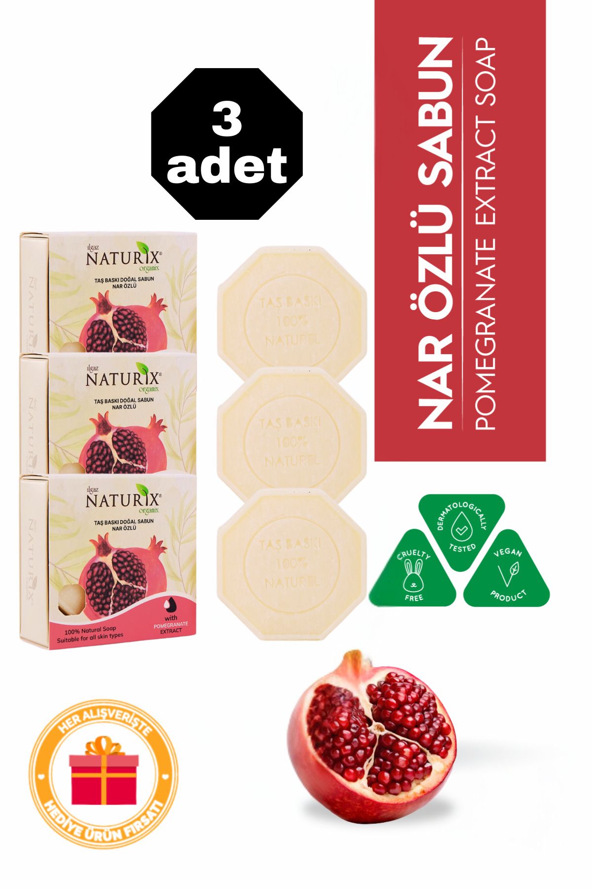 Naturix Nar Özlü Taş Sabun 3'lü Eko Paket Cilt Tonu Dengeleyici ve Leke Bakımı - 3x125 gr