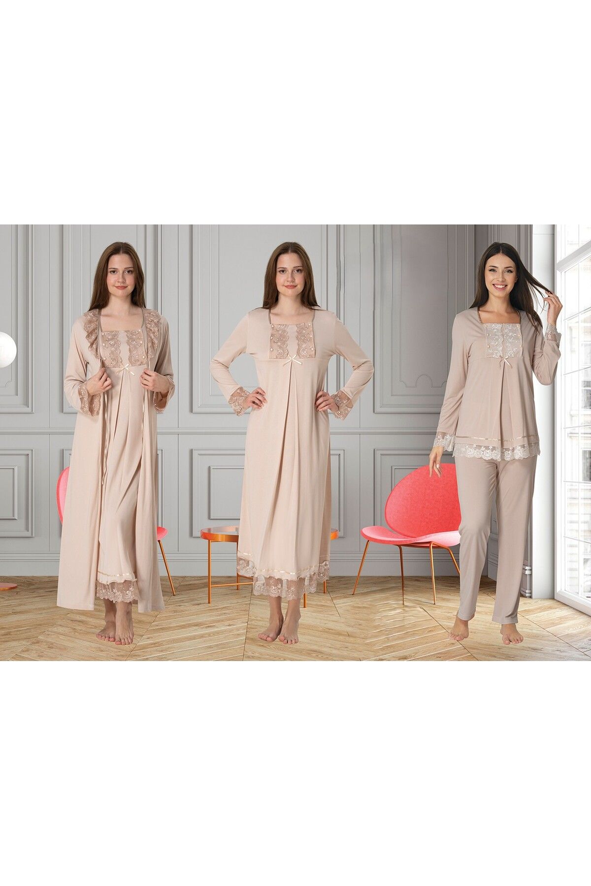 LOHOUSE Kadın Bej Kol ve Yaka Dantelli Pamuklu Lohusa Hamile Gecelik-Sabahlık ve Pijama Takım 4'lü Set
