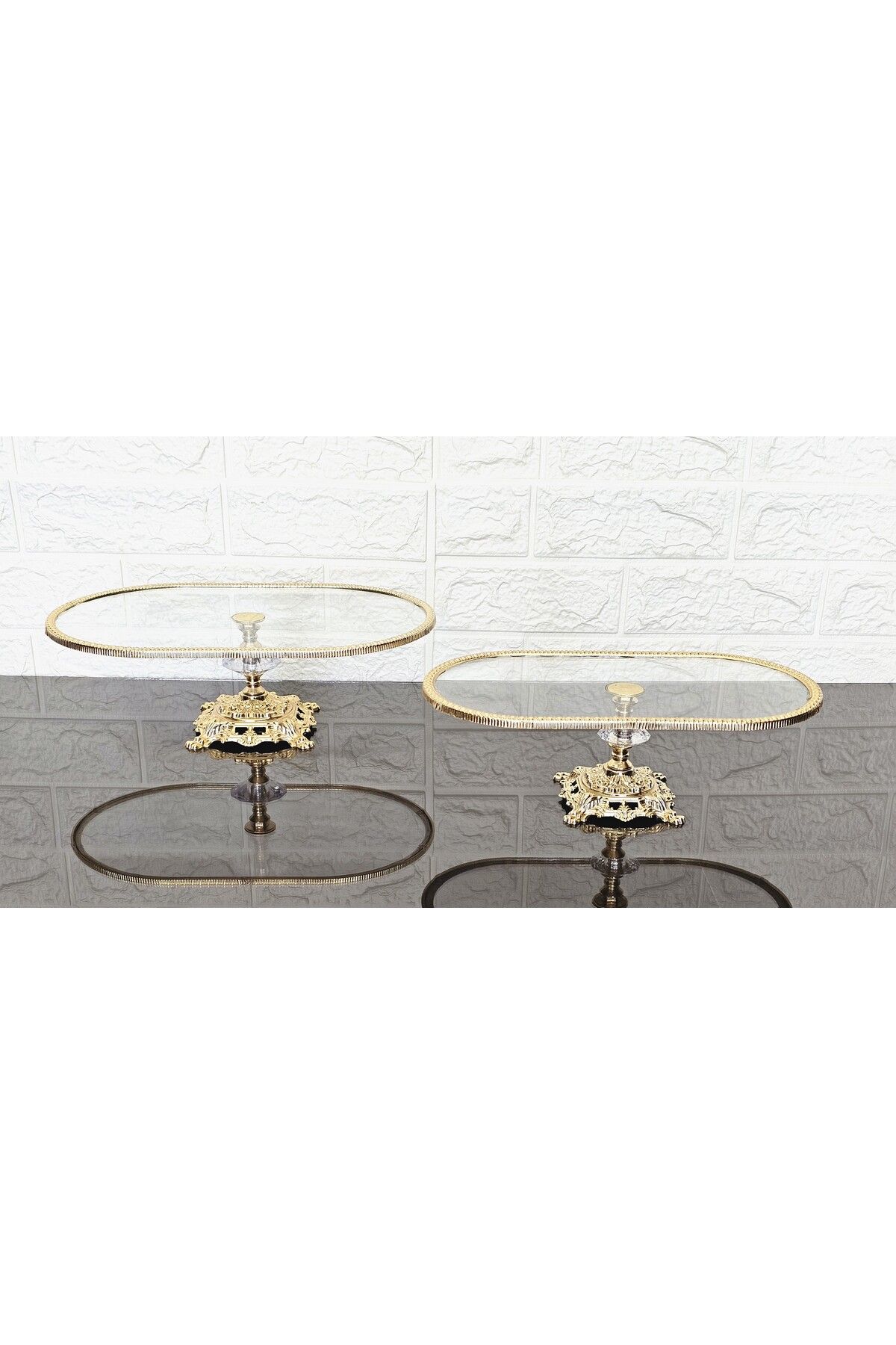 atabey home-Set of 2 Glass Oval Small and Large Boat Presentation with Cast Gold Frame and Legs 1