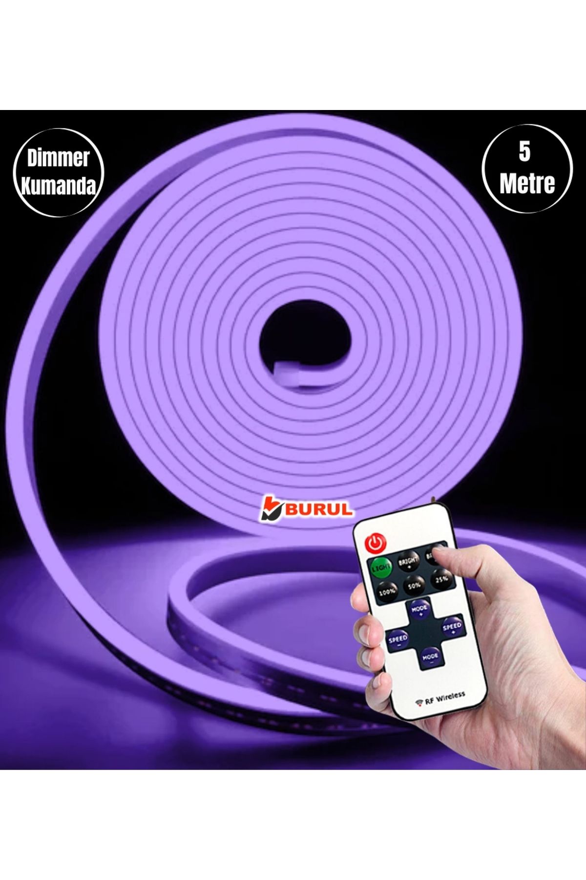 burul SB-6537 5 Metre Mor Işık Esnek Neon Led Şerit Dimmer Kumandalı Dekoratif Aydınlatma Seti