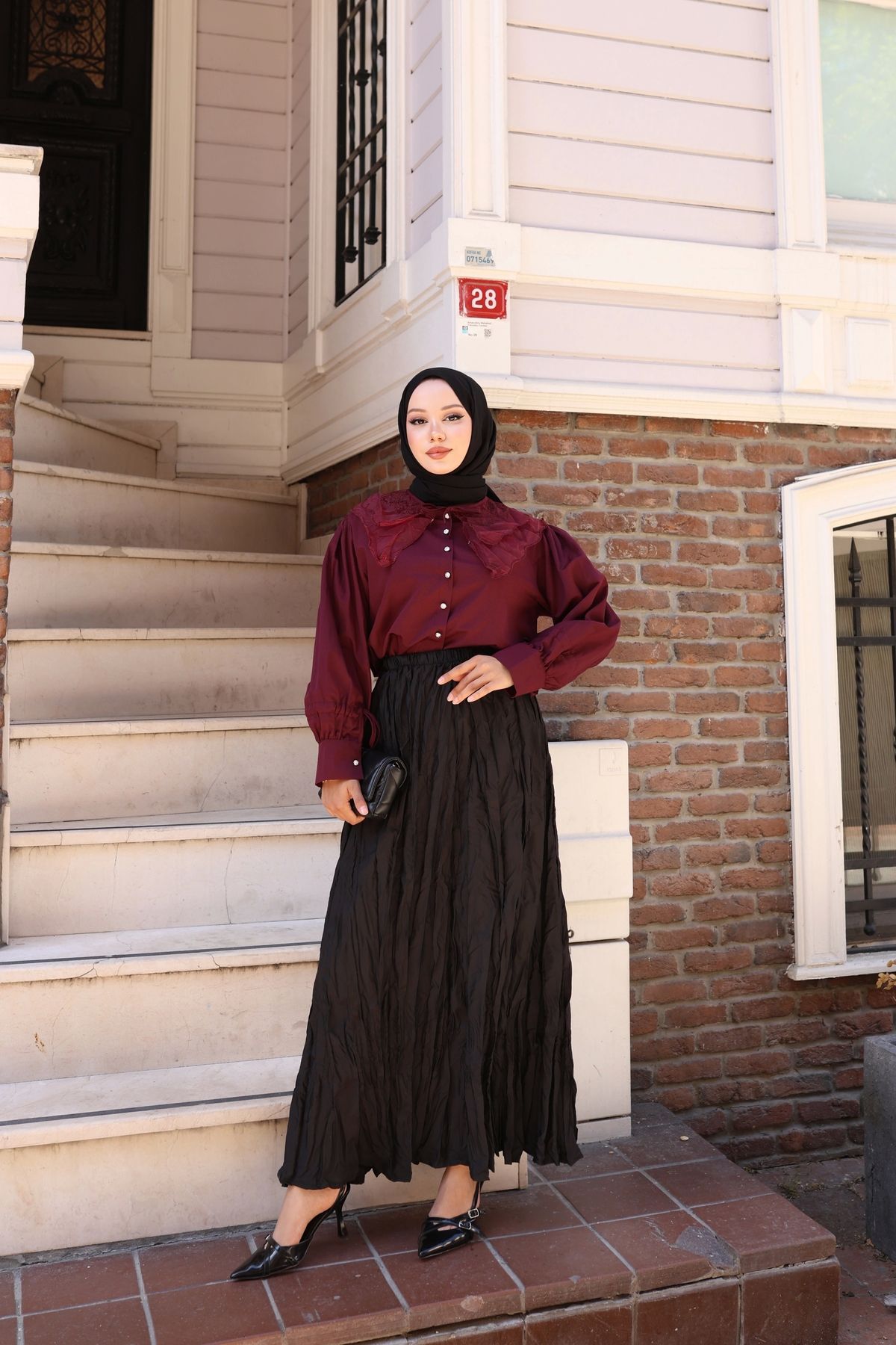 Nevayla Moda Beli Lastikli Kırışık Kraş Etek - Siyah / A0101