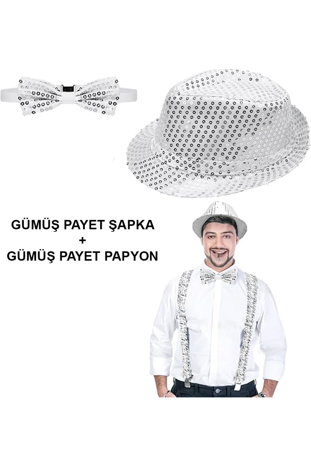 Serero Gümüş Payetli Şapka ve Papyon Seti – Parıltılı Yetişkin Kostüm Seti