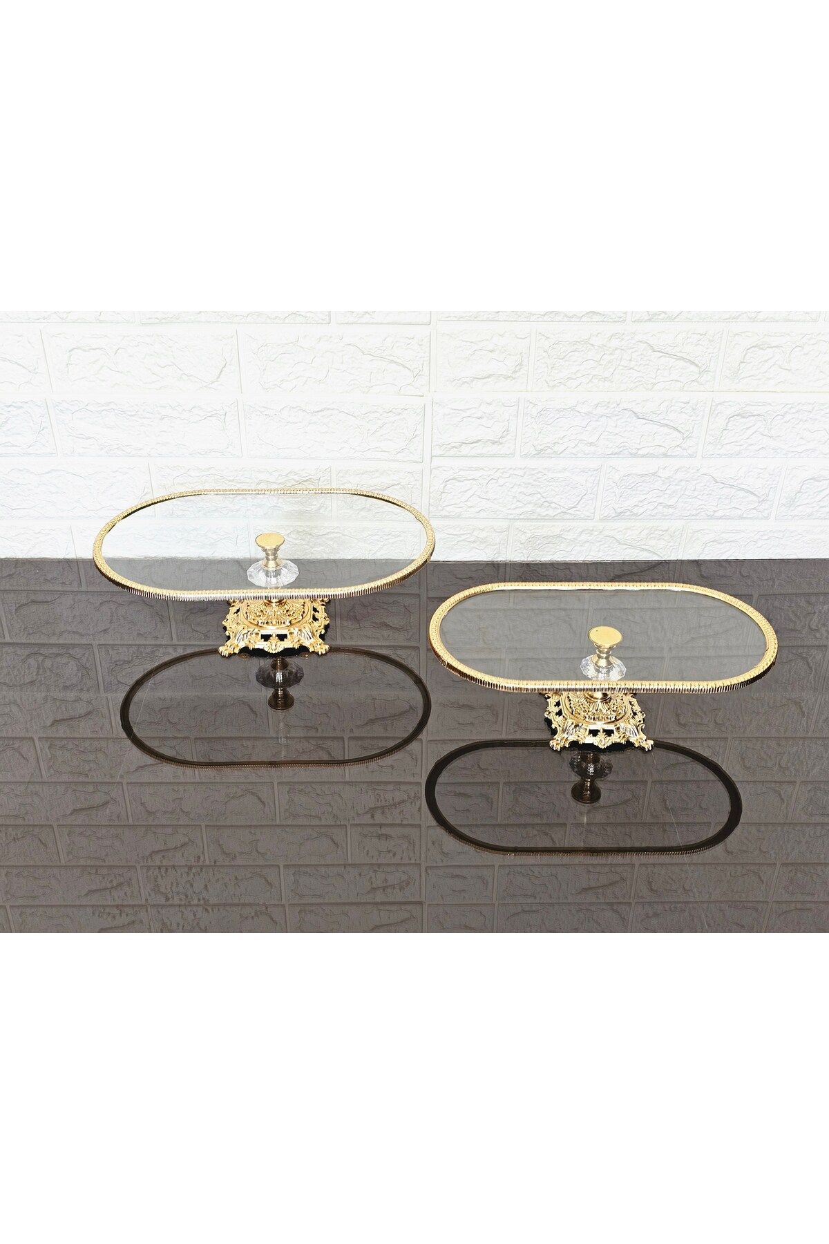 atabey home-Set of 2 Glass Oval Small and Large Boat Presentation with Cast Gold Frame and Legs 5
