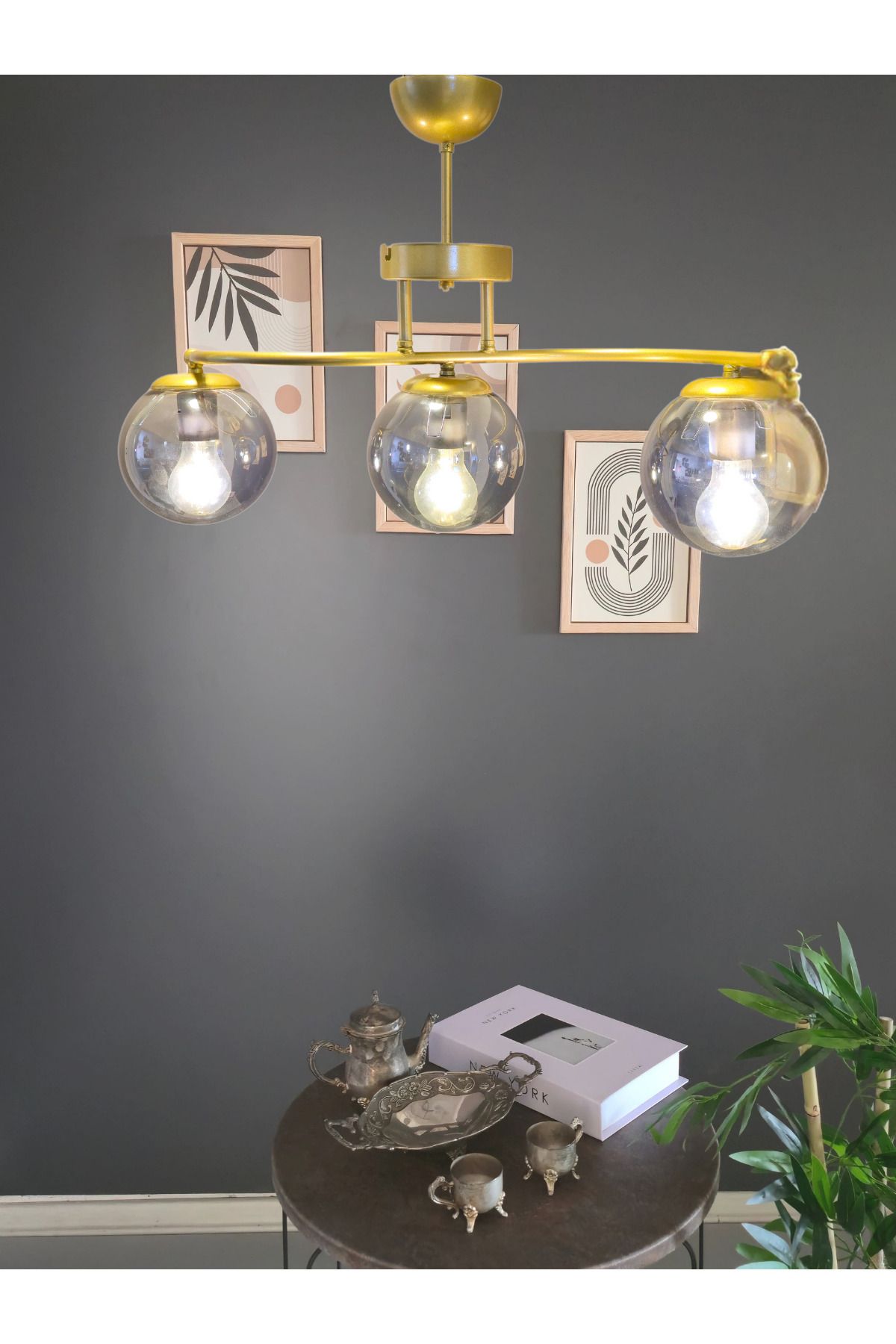 Luzarana Galaksi Modern Tasarım Sarı 3'li Füme Camlı Metal Gövde Avize | Salon, Yatak Odası ve Mutfak İçin