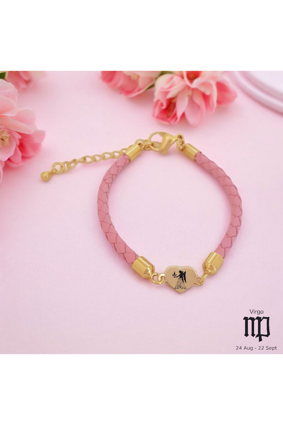 ARCHINO GOLD Başak Burçları İçin Kalp Motifli Hakiki Derili 14 Ayar Altın Plakalı Hediye Bileklik-473burç-pembe
