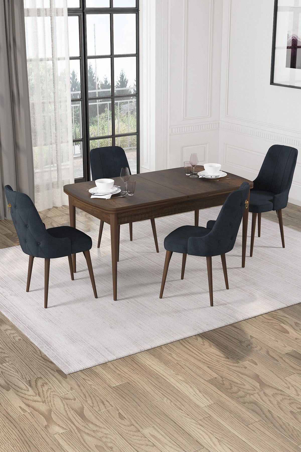 Hira Wessa Serisi 80x132 Açılabilir MDf Barok Ahşap Desen Masa Takımı 4 Antrasit Sandalye