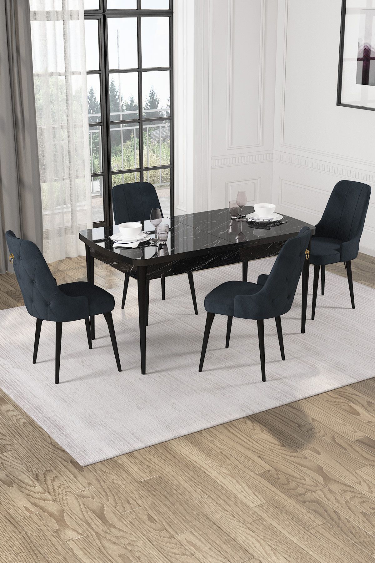 Hira Wessa Serisi 80x132 Açılabilir MDf SiyahMermer Desen Masa Takımı 4 Antrasit Sandalye