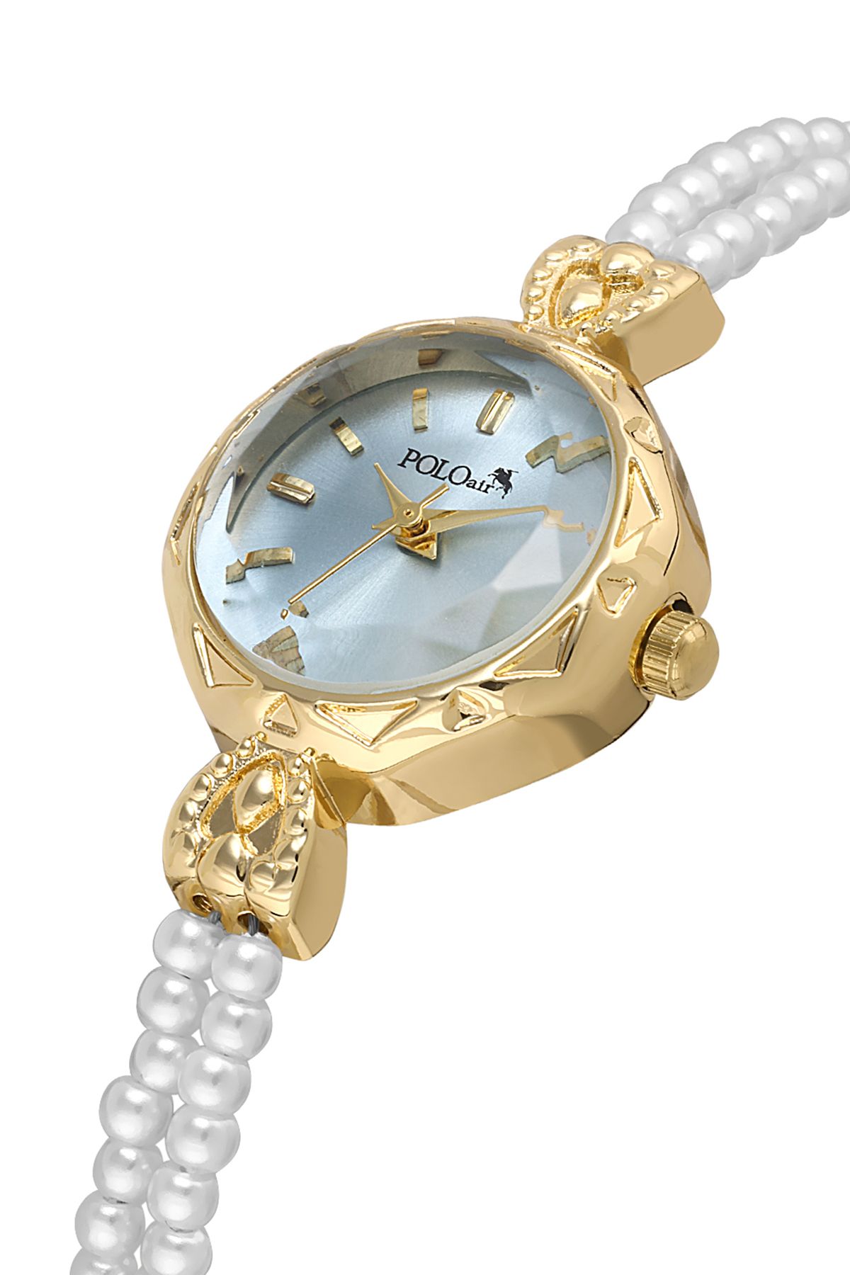 Polo Air İki İnci Görünümlü Taşlı Kordon Kadın Kol Saati Beyaz Gold Mavi Renk PL-1531B8x