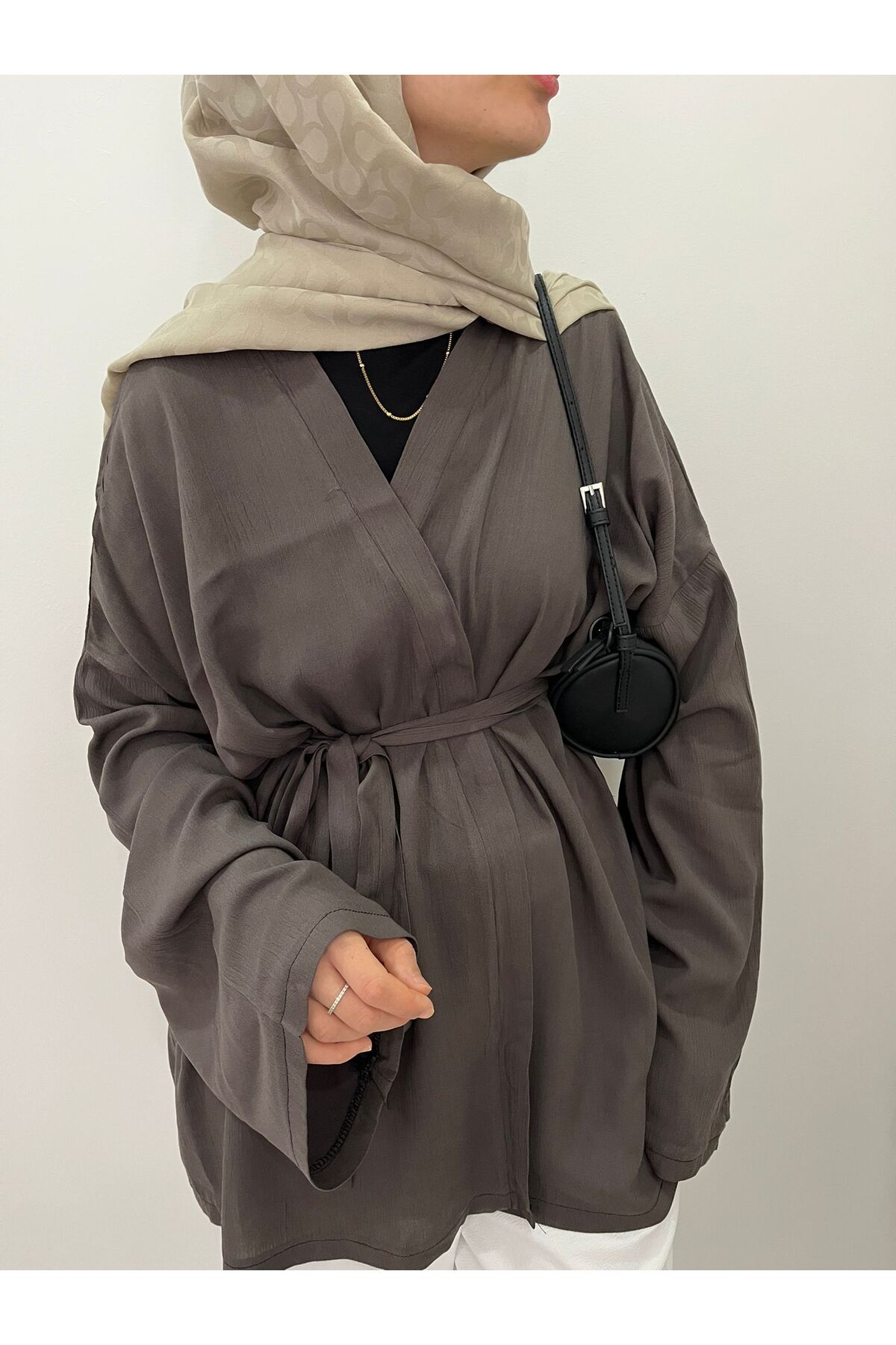 FASİON Belden Bağlamalı Gri Kimono