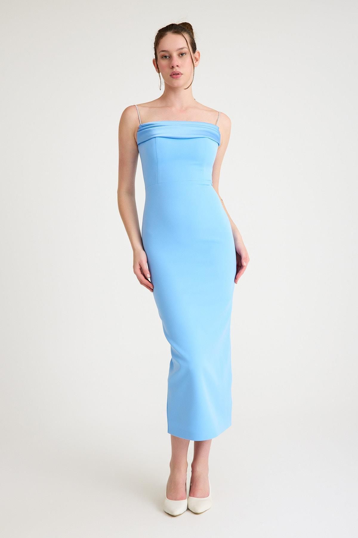 SpringStore Mavi Straplez Abiye Elbise