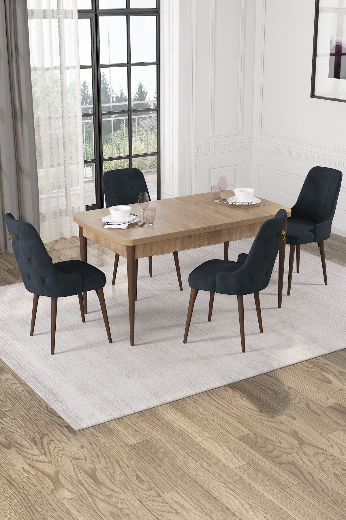 Hira Wessa Serisi 80x132 Açılabilir MDf Meşe Masa Takımı 4 Antrasit Sandalye Kahve Ayak