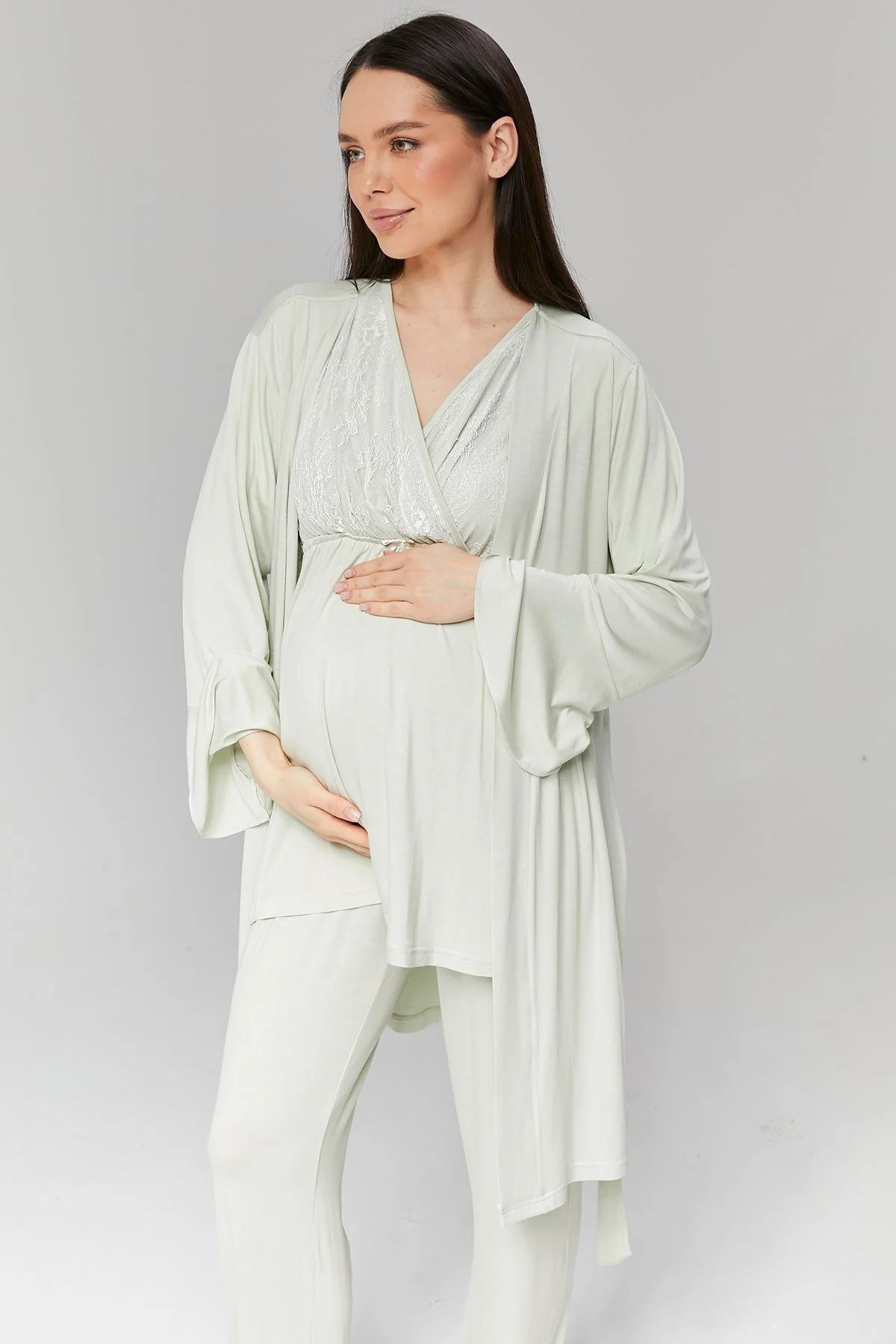LOHOUSE Kadın Mint Yeşili Volan Kol Dantelli Kruvaze Lohusa Hamile Sabahlıklı 3'lü Pijama Takım