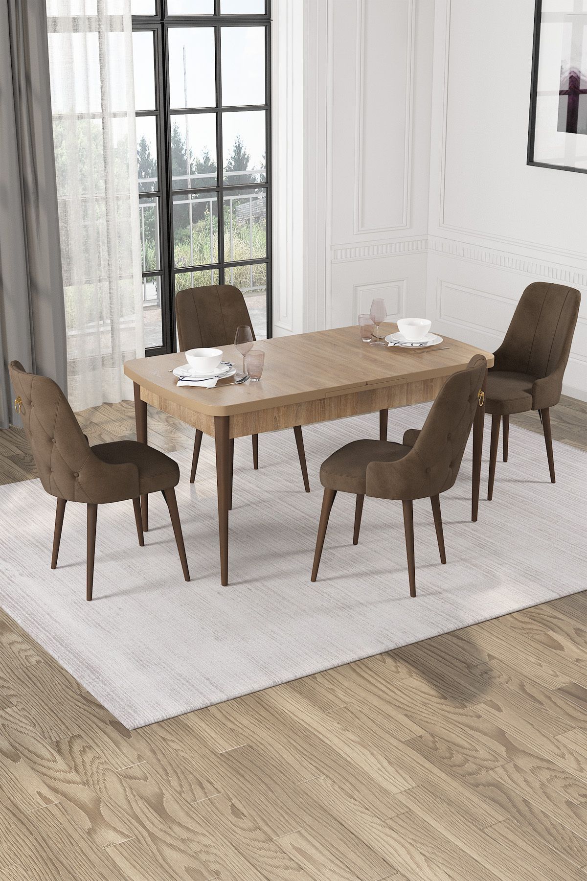 Hira Wessa Serisi 80x132 Açılabilir MDf Meşe Masa Takımı 4 Kahve Sandalye Kahve Ayak