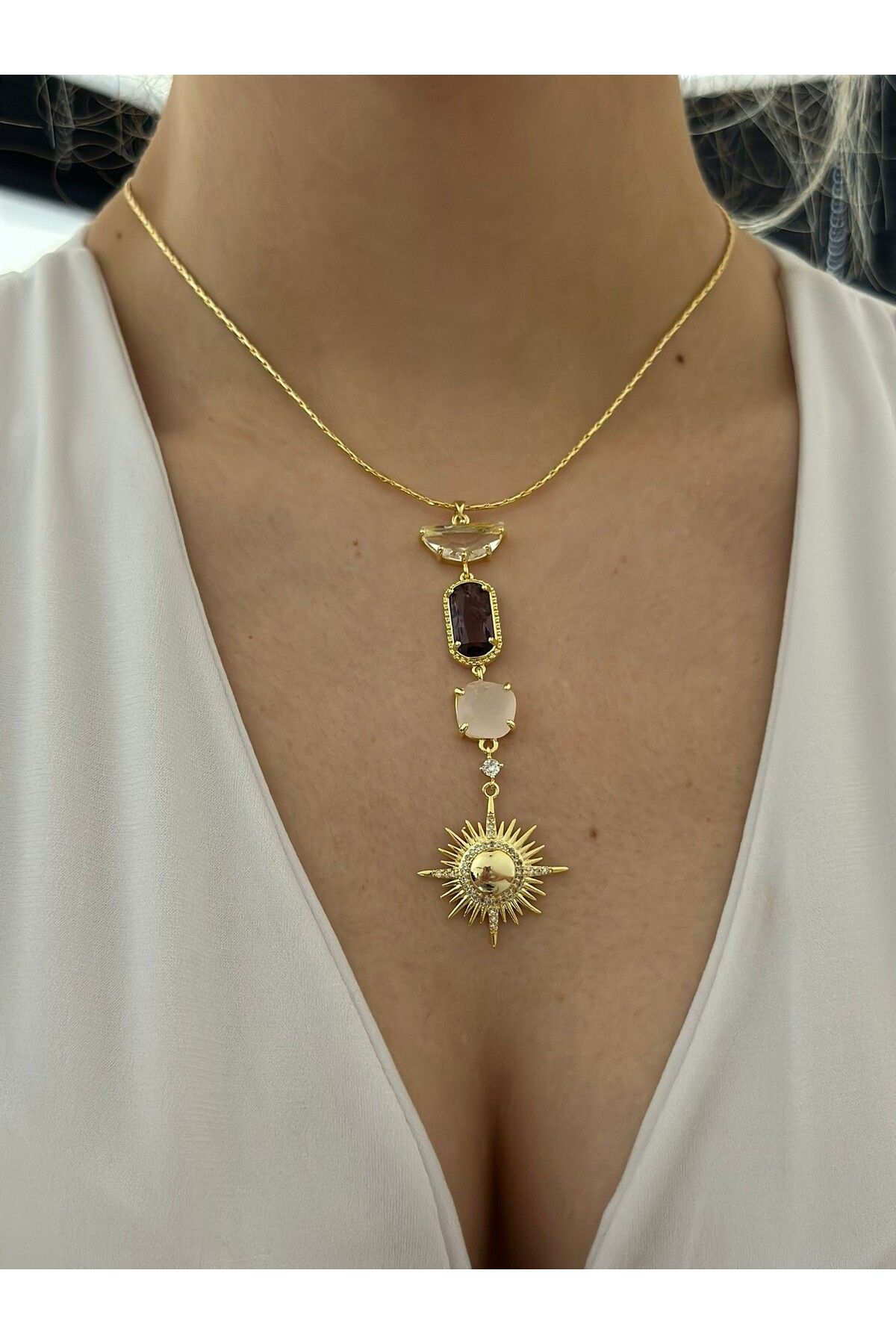 MyladyAccessoriess Güneş Ve Baget Taş Detay Çelik Kolye