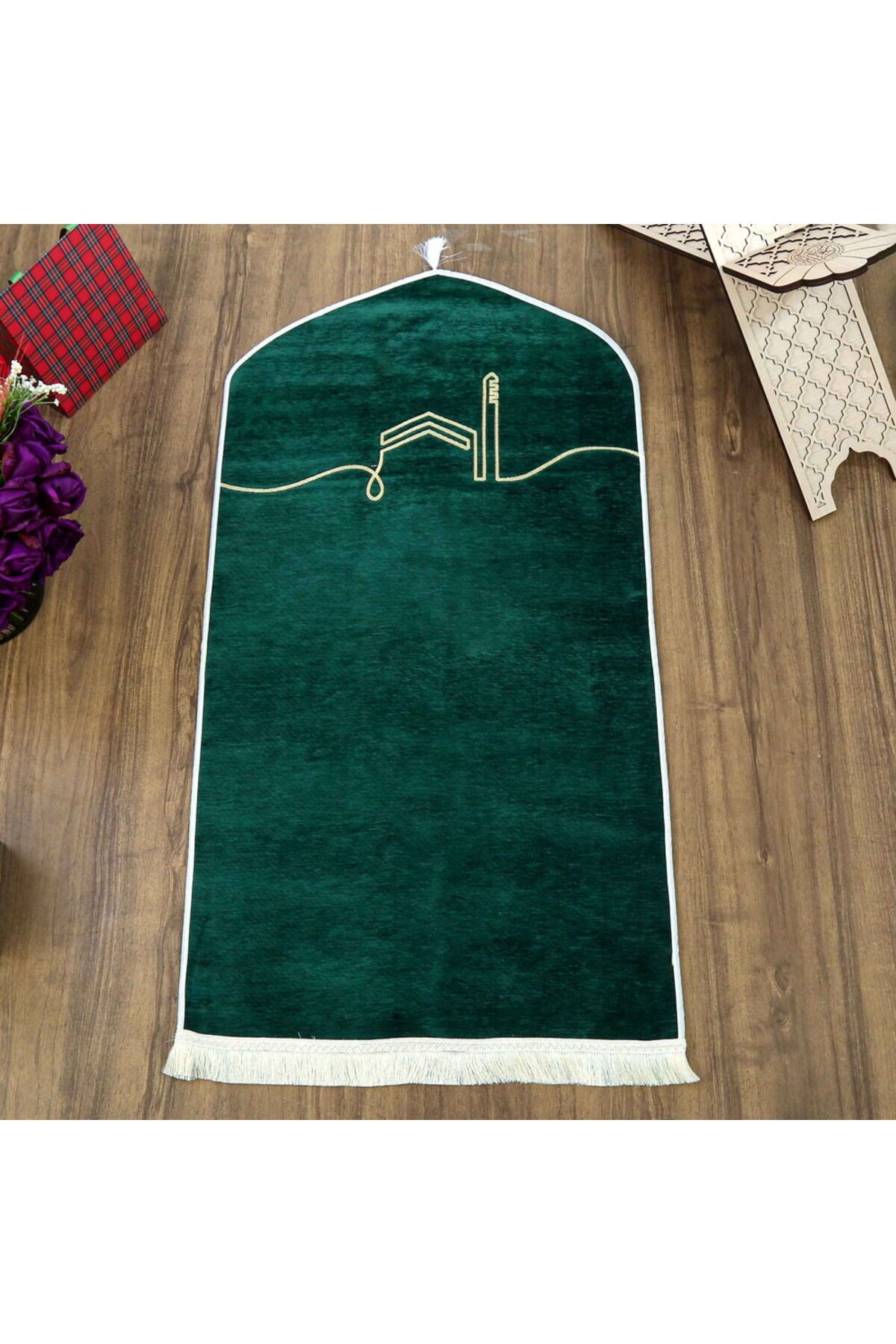 İkranur El Kuba Lüks Astarlı Biyeli Seccade Yeşil (66X125cm) 565 gr