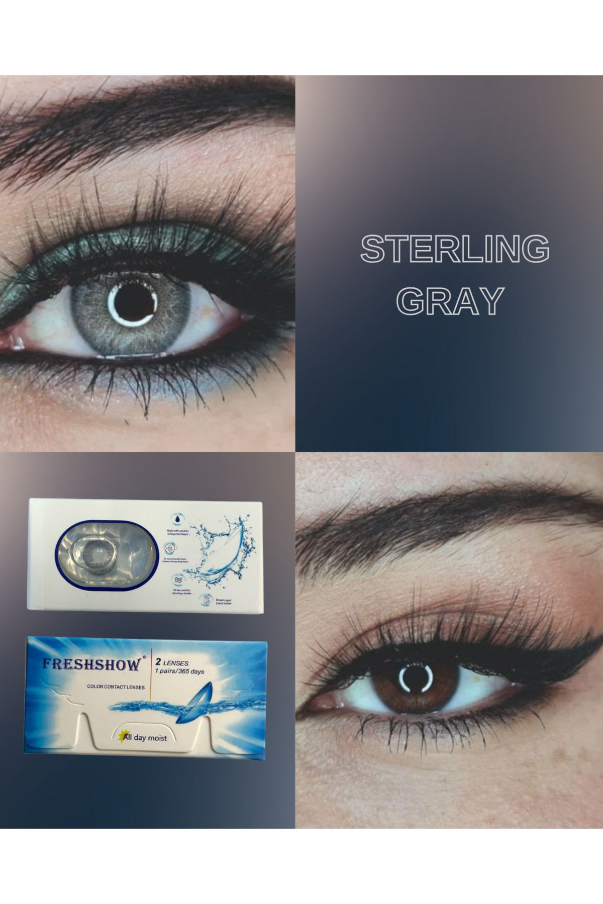 RABIR Sterling Gri Mavi Gri Yıllık Kirpik Lens Solüsyonu ve Lens Kabı