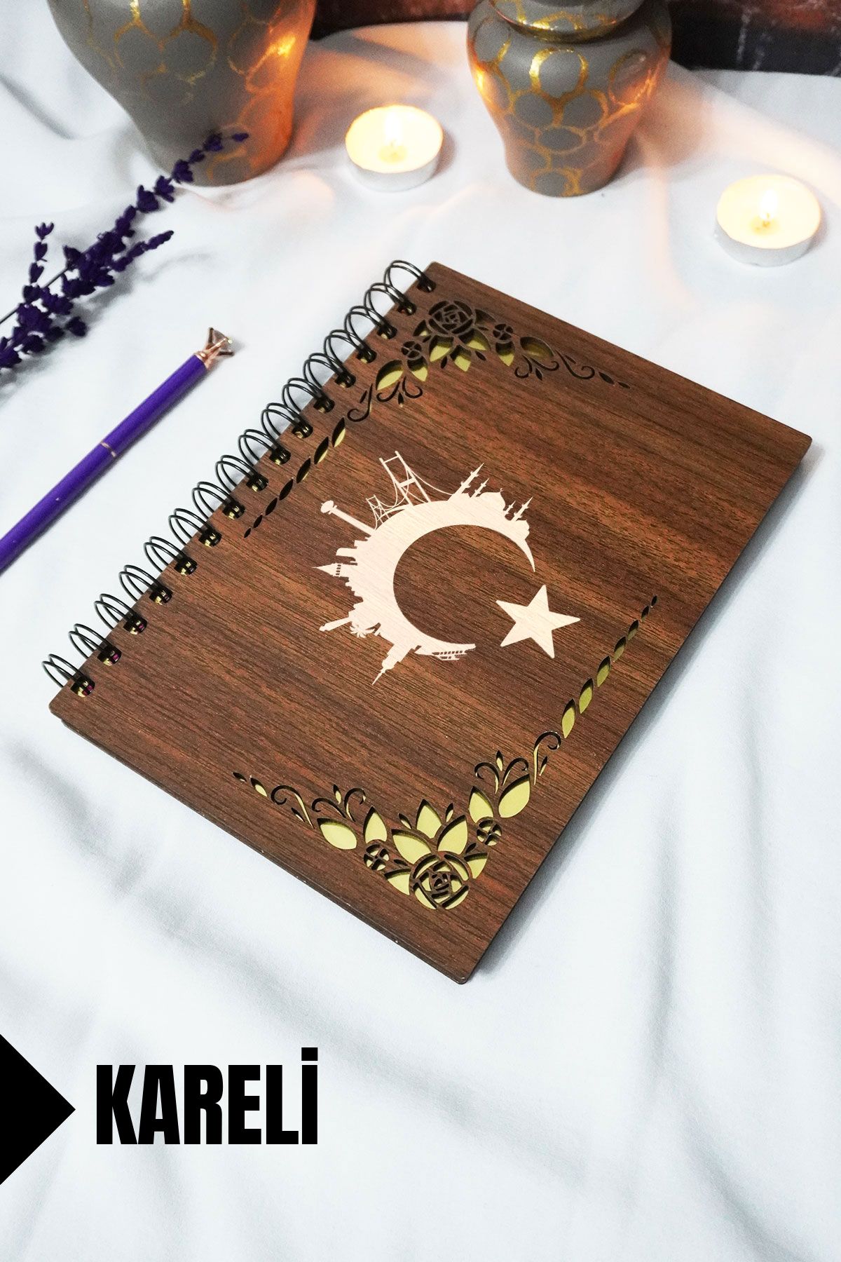 markcat Türk Bayrağı Ahşap Kapaklı Spiralli Defter - Kareli Defter - 60 Yaprak (120 SAYFA) - A5 15x21 Cm