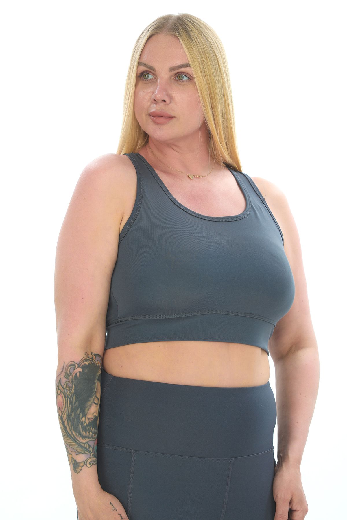 BANEGA-Curve Women's Plus Size Gathering Double Pocket Anthracite Capri Leggings with Pad Crop Double Suit 3
