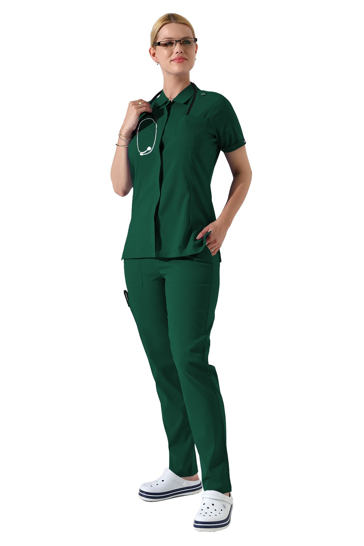 BEDUCA Yeşil Likralı Polo Yaka Çıtçıtlı Hemşire Scrubs Takımı, Estetisyen Ve Güzellik Merkezi Forması
