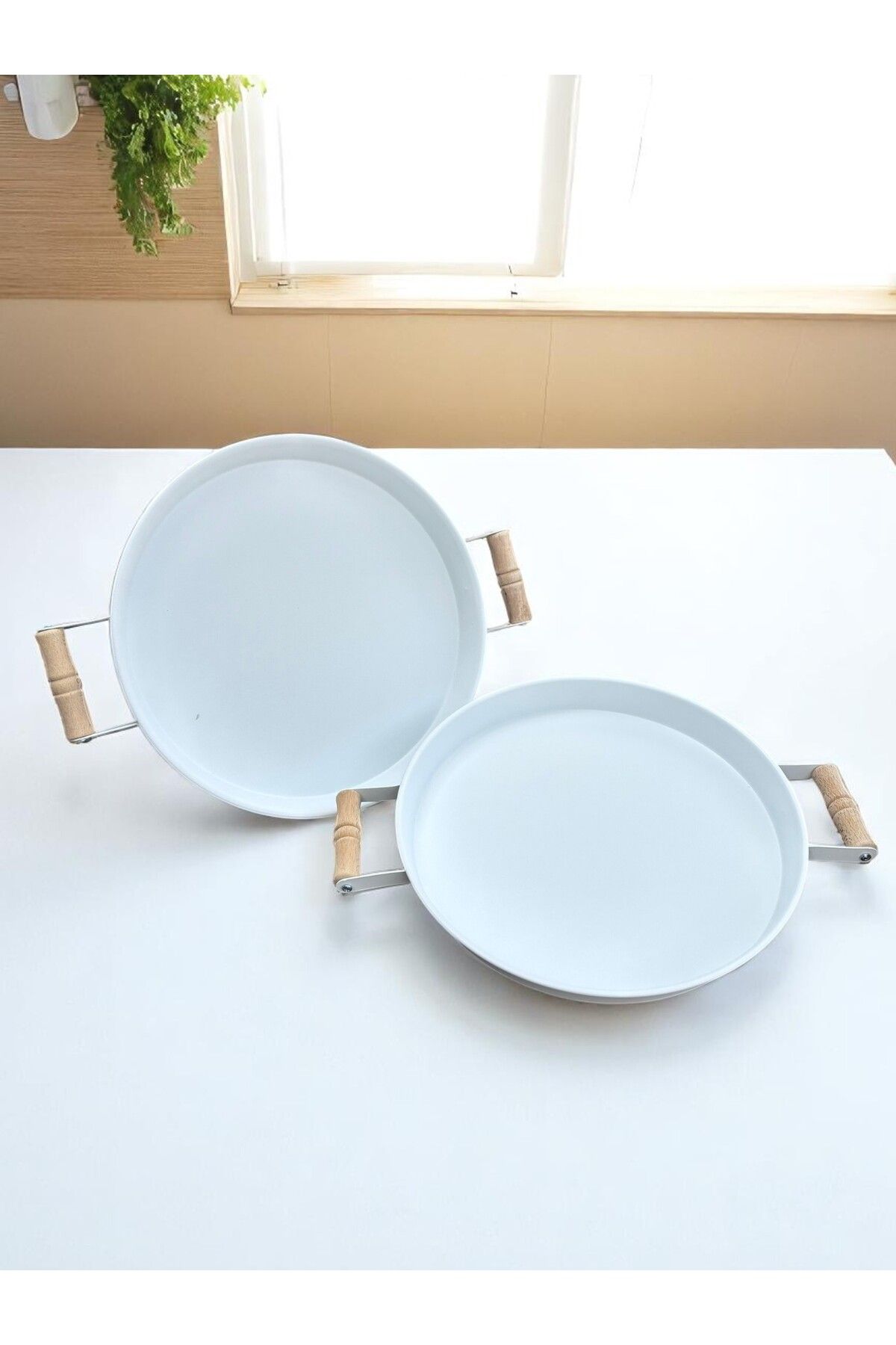 hemlife-Set of 2 (30/30 cm) Metal Tray with Wooden Handle Tea Tray Coffee Tray Presentation Tray Set 5