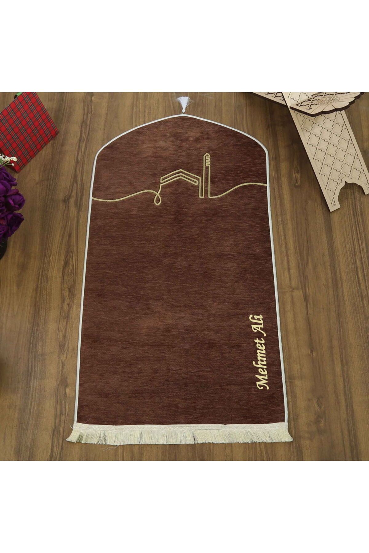 İkranur El Kuba Lüks Astarlı Biyeli Seccade İsimli Kahverengi (66X125cm) 565 gr