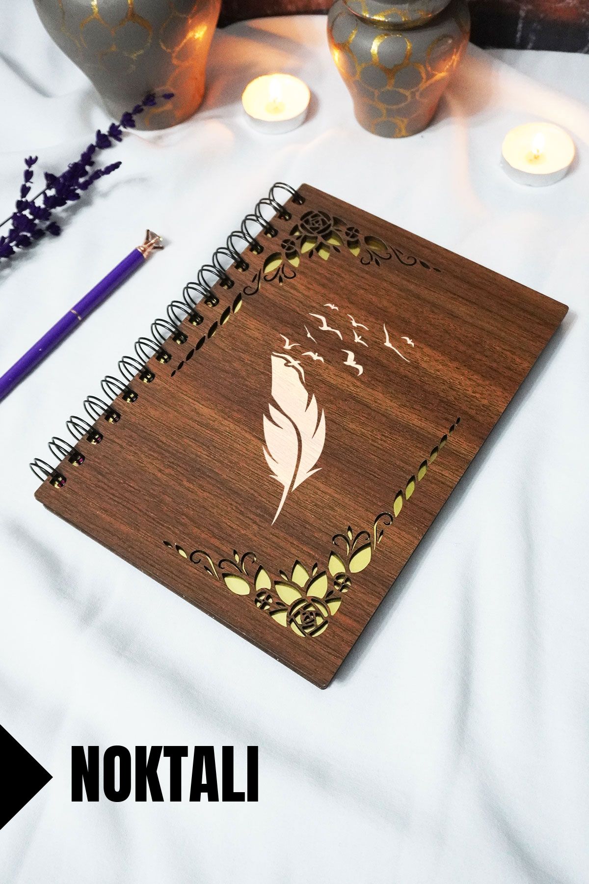 markcat Kuş Tüyü Ahşap Kapaklı Spiralli Okul Defteri - Noktalı Defter - 60 Yaprak (120 SAYFA) - A5 15x21 Cm