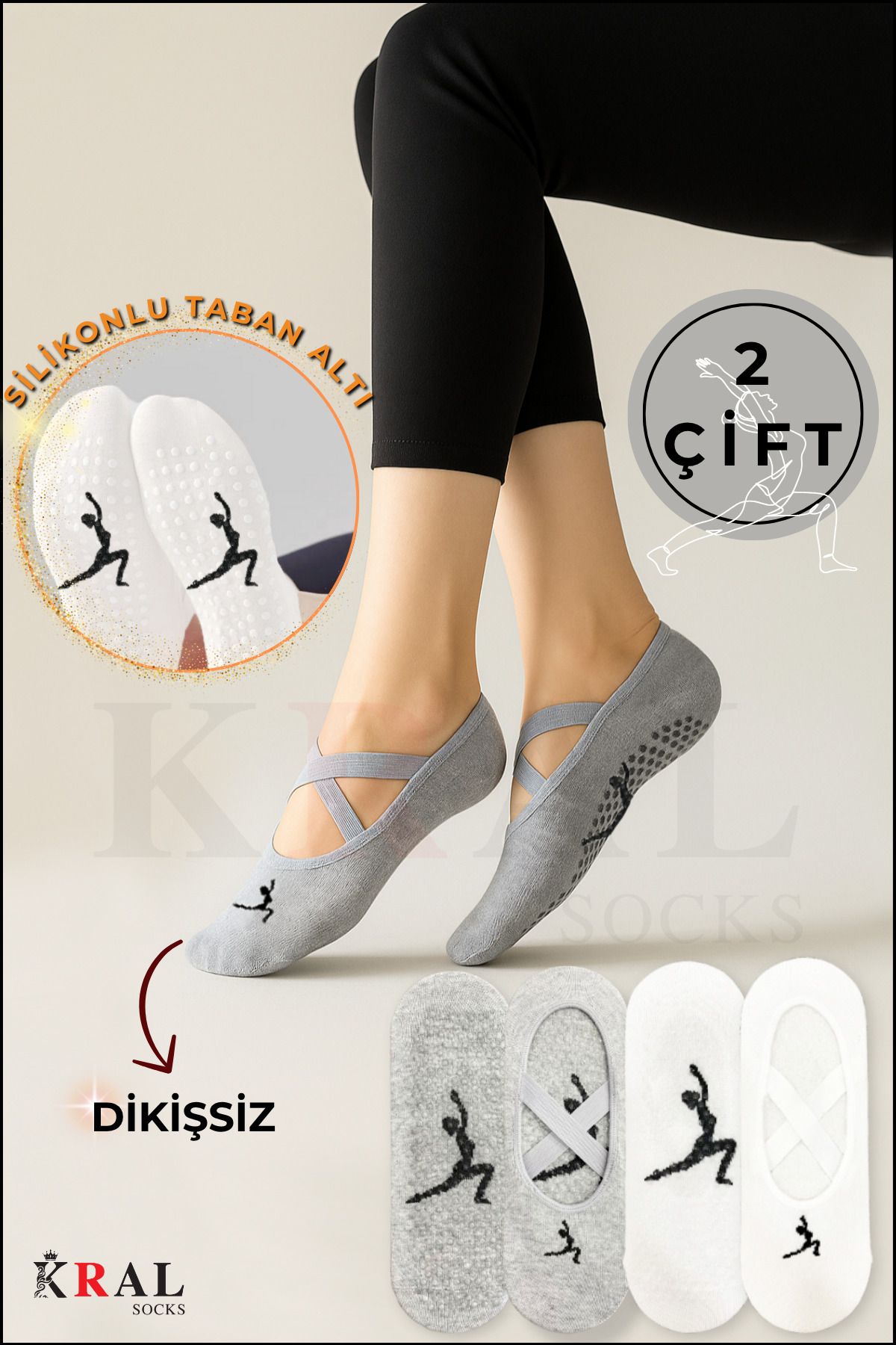 KRAL SOCKS Figürlü Pilates Çorabı Yoga ABS Kaydırmaz Silikon Taban Dans Bale Fitness Spor Çorabı 2'li Set