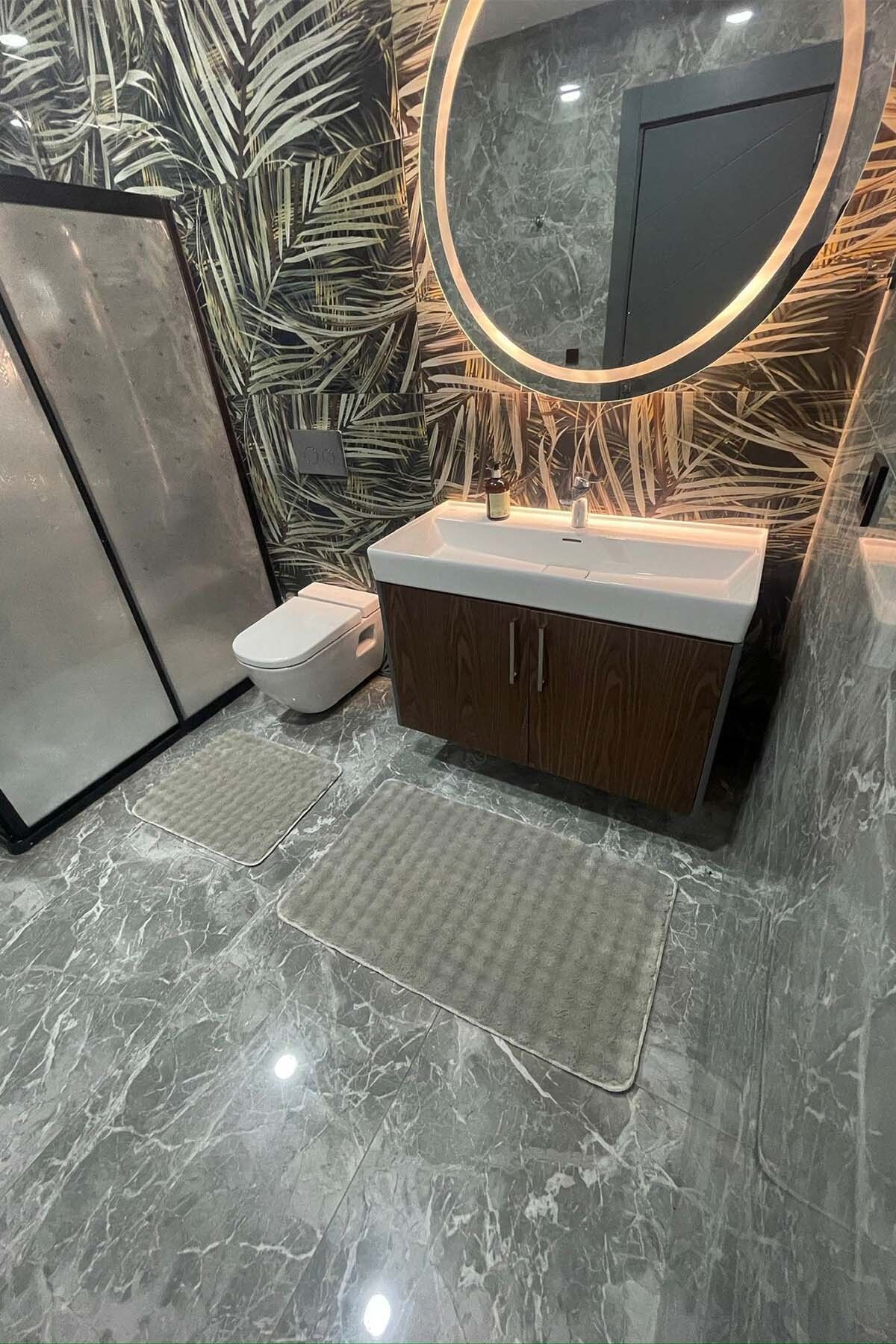 tropikal home Modern Bubble Yıkanabilir Kaymaz Peluş Banyo Paspası Halısı 2'li Klozet Takımı 60x100 ve 50x60