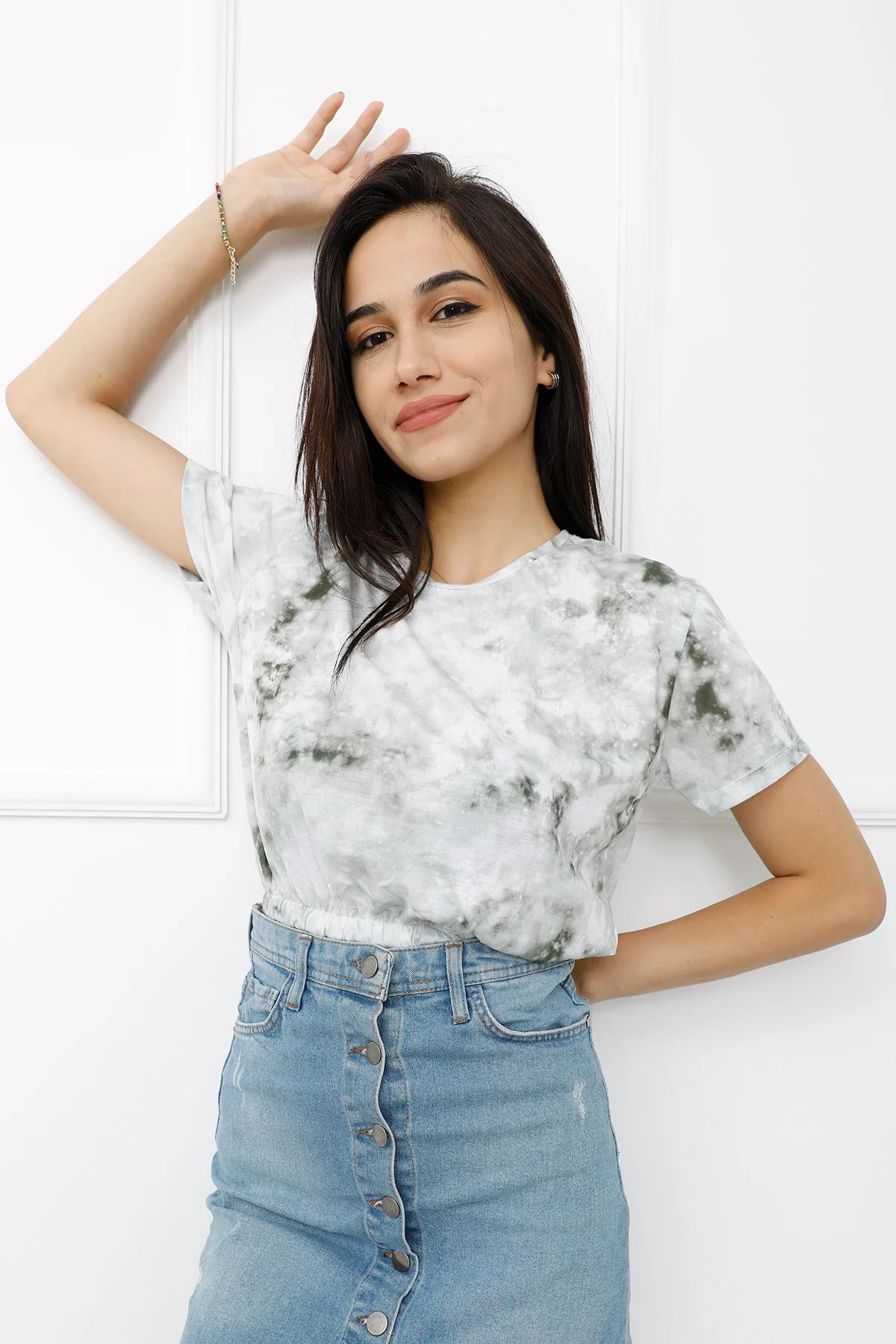 Güzelim Batik Desenli Crop Haki