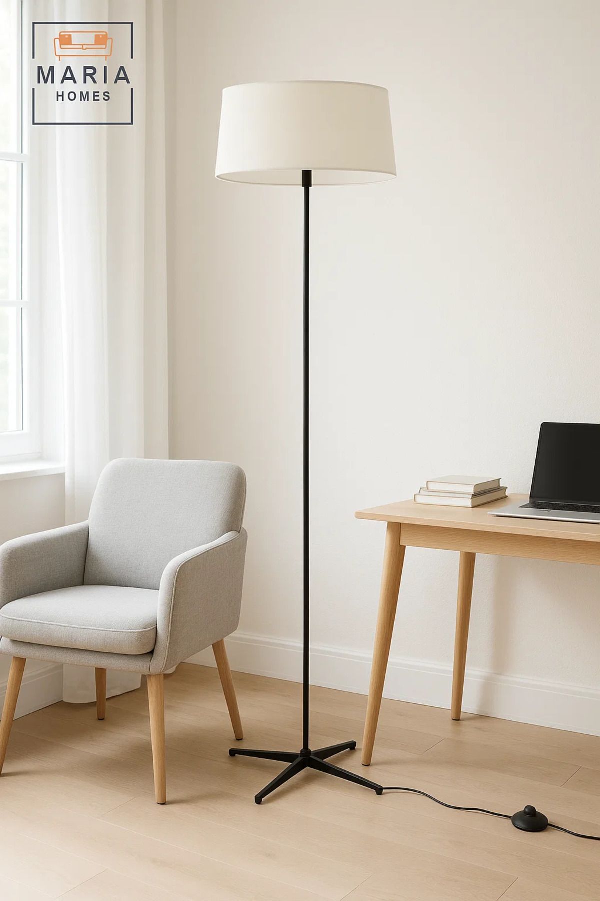 MARIA HOMES-Slim Tripod Floor Lamp with White Drum Shade 1