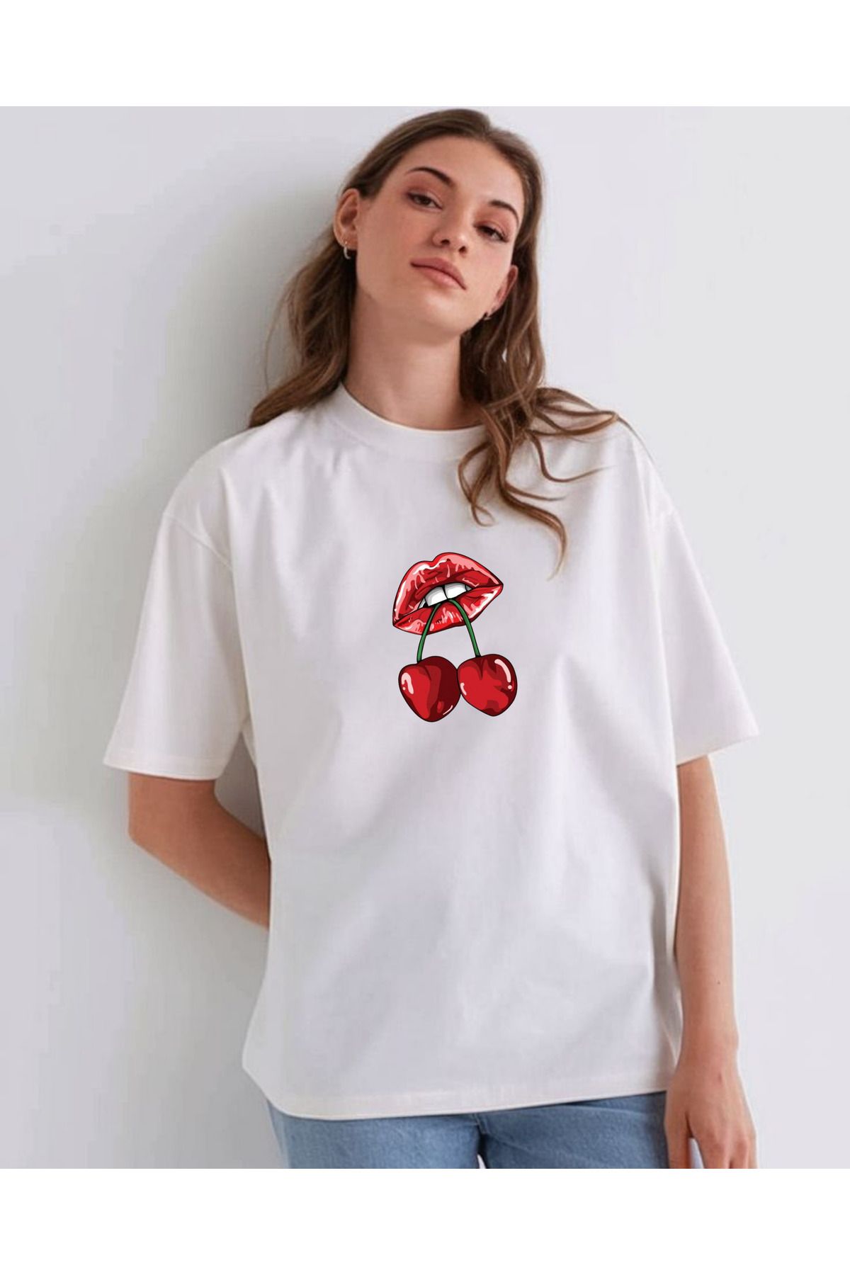MELAS BASKI Pamuklu Oversize Baskılı Beyaz Tshirt