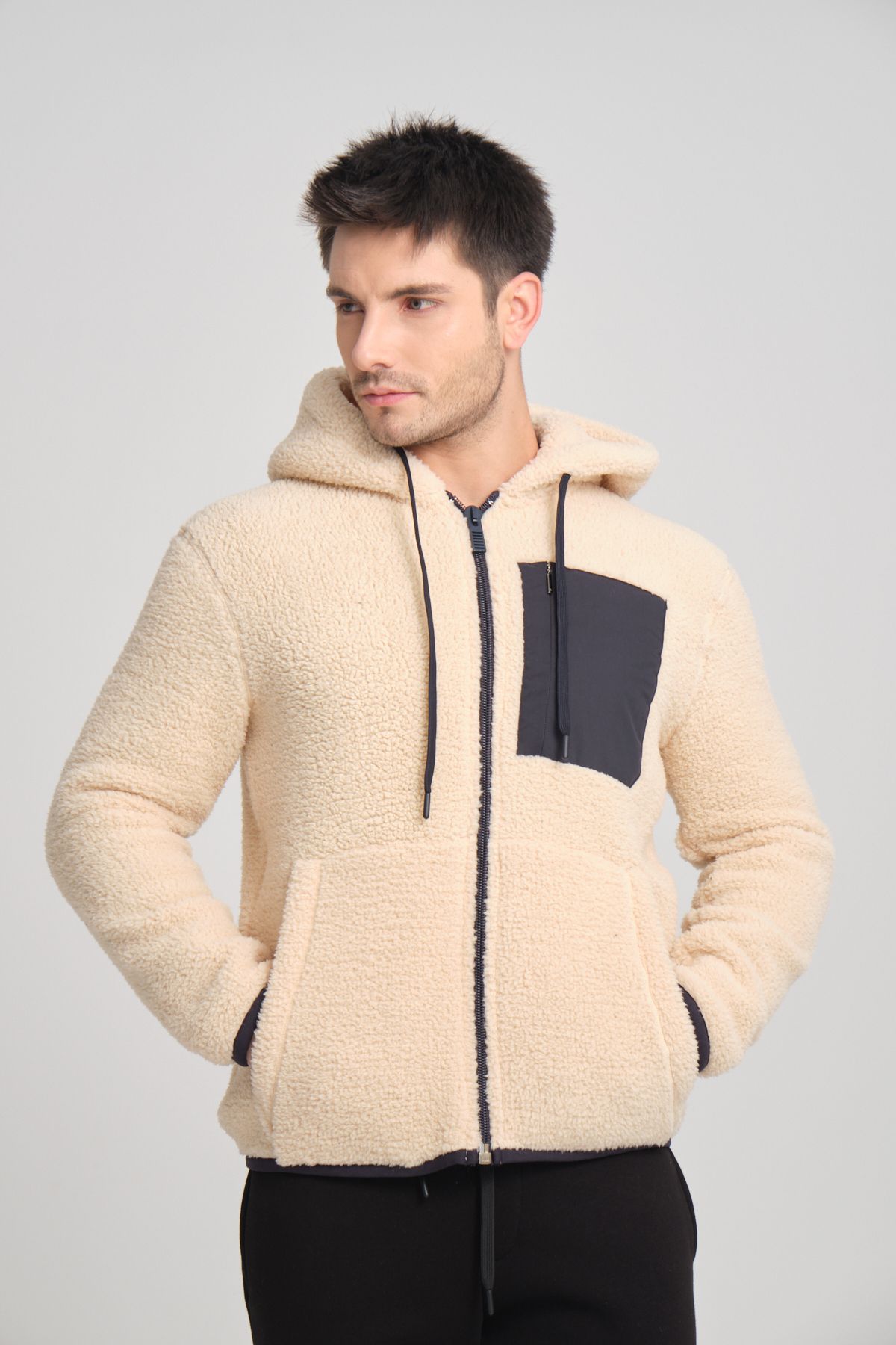 Tarz Cool Bej Fermuarlı Kapüşonlu Peluş Sweatshirt