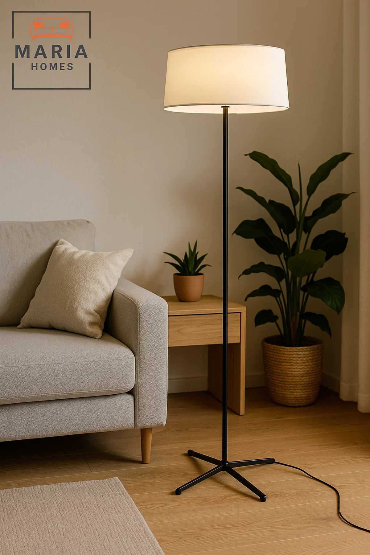 MARIA HOMES-Slim Tripod Floor Lamp with White Drum Shade 3