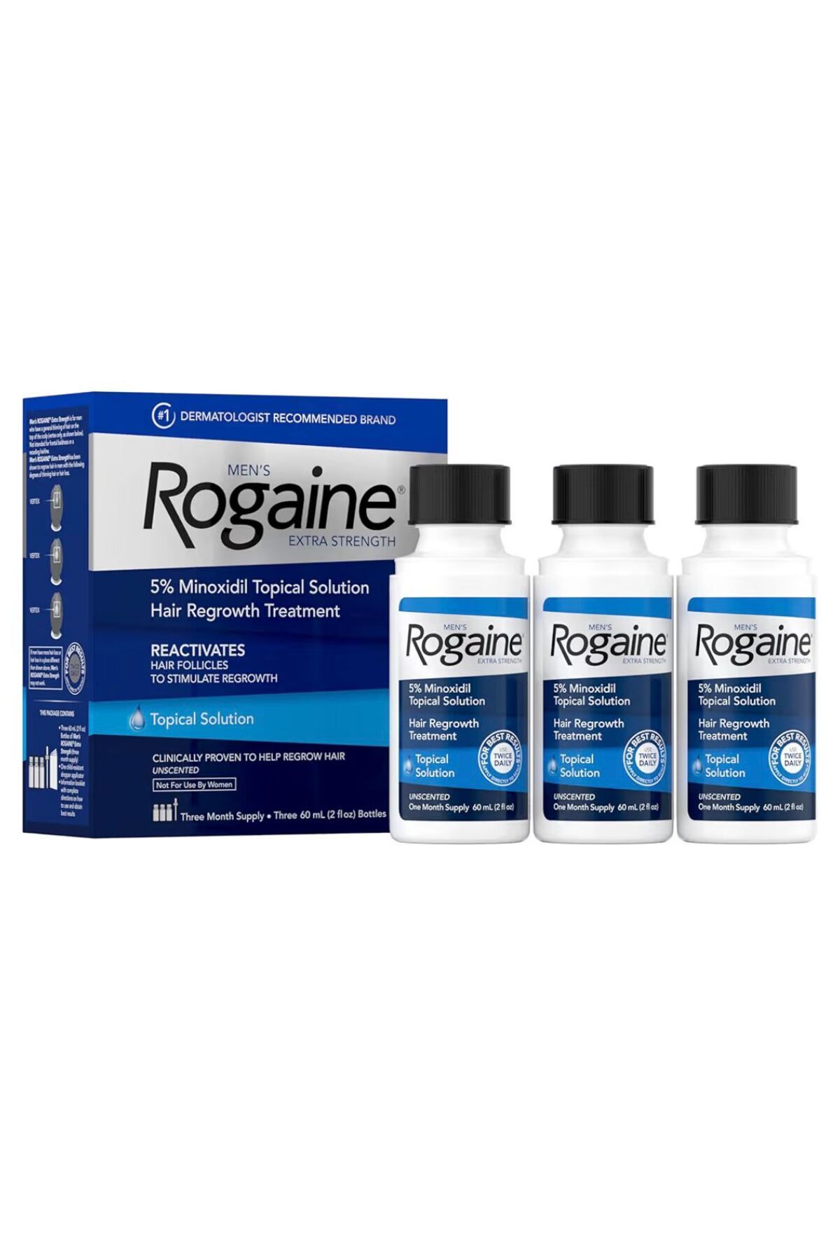 Rogaine Extra Strength Men 3 Tüp 60 ml Solüsyon.