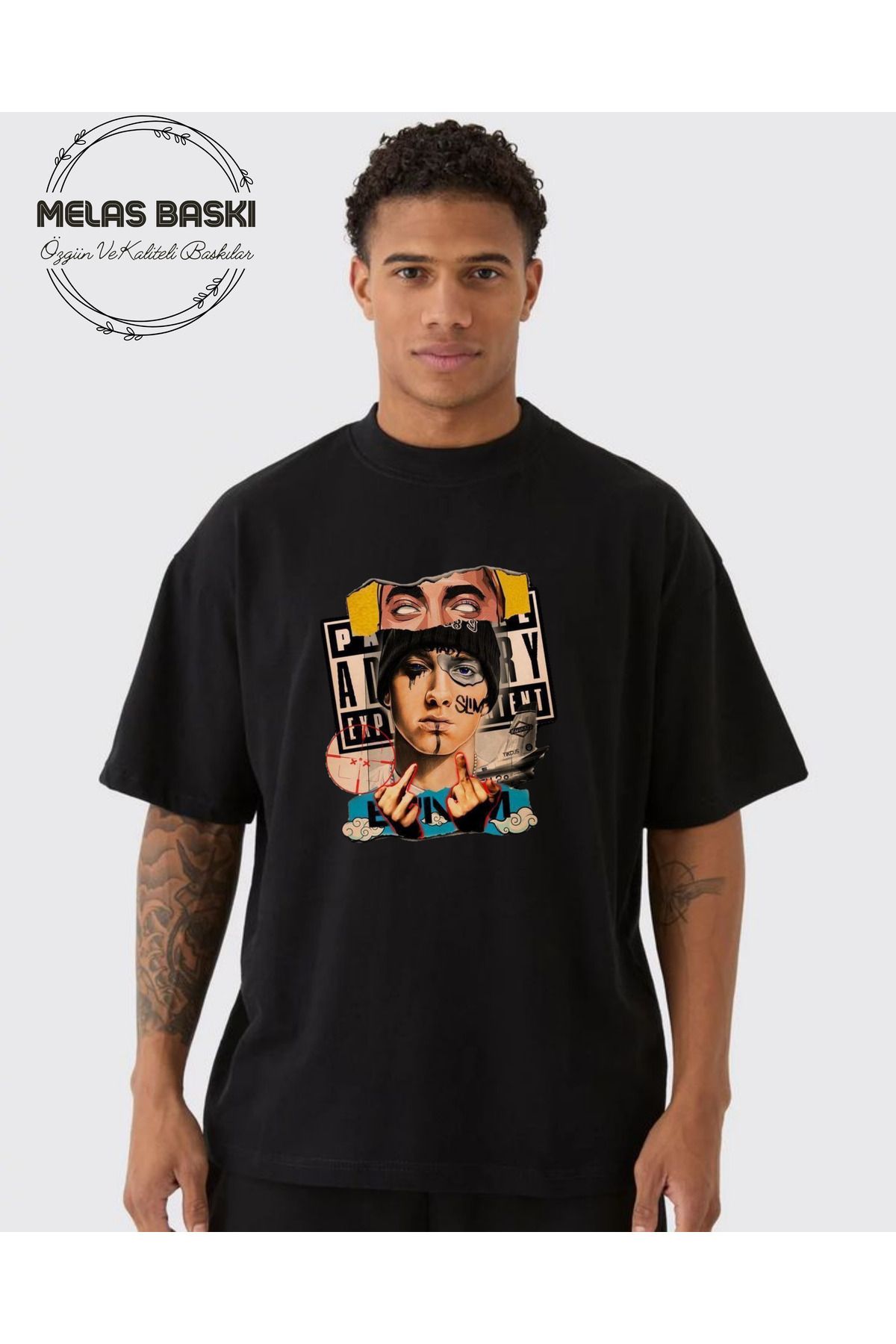 MELAS BASKI Pamuklu Oversize Eminem Baskılı Beyaz Tshirt