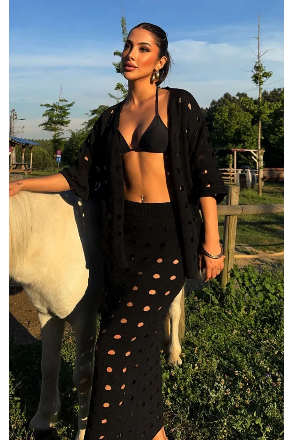 Noi Belis Ajurlu/Delikli Kısa Kol Hırka Maxi Boy Etek İnce Yazlık Takım SS25AU0009